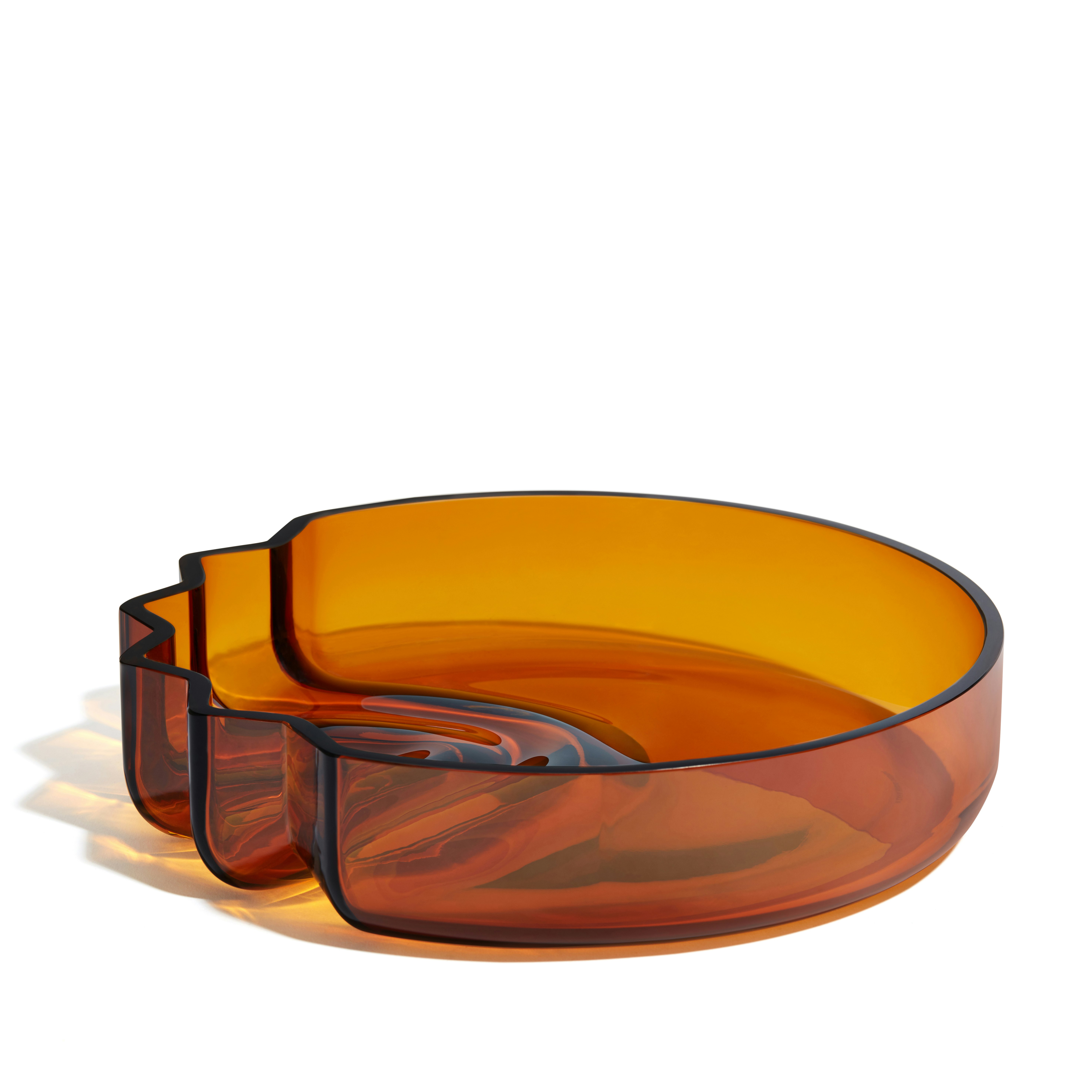 A Pulse Platter in Amber viewed from the side.