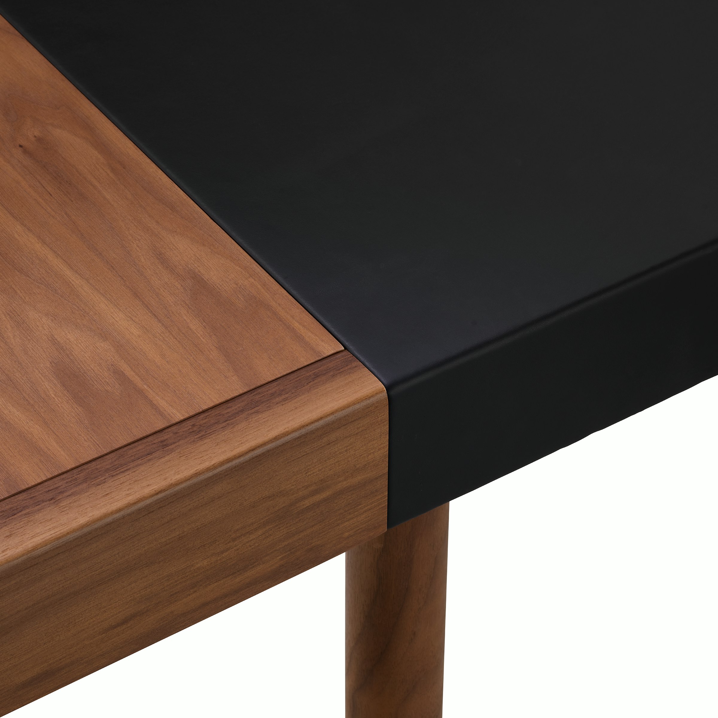 New Canaan Leatherwrap Sit-to-Stand Desk in Walnut and Black Leather, detail showing seamless blending of Leather, Solid Wood and Veneer.