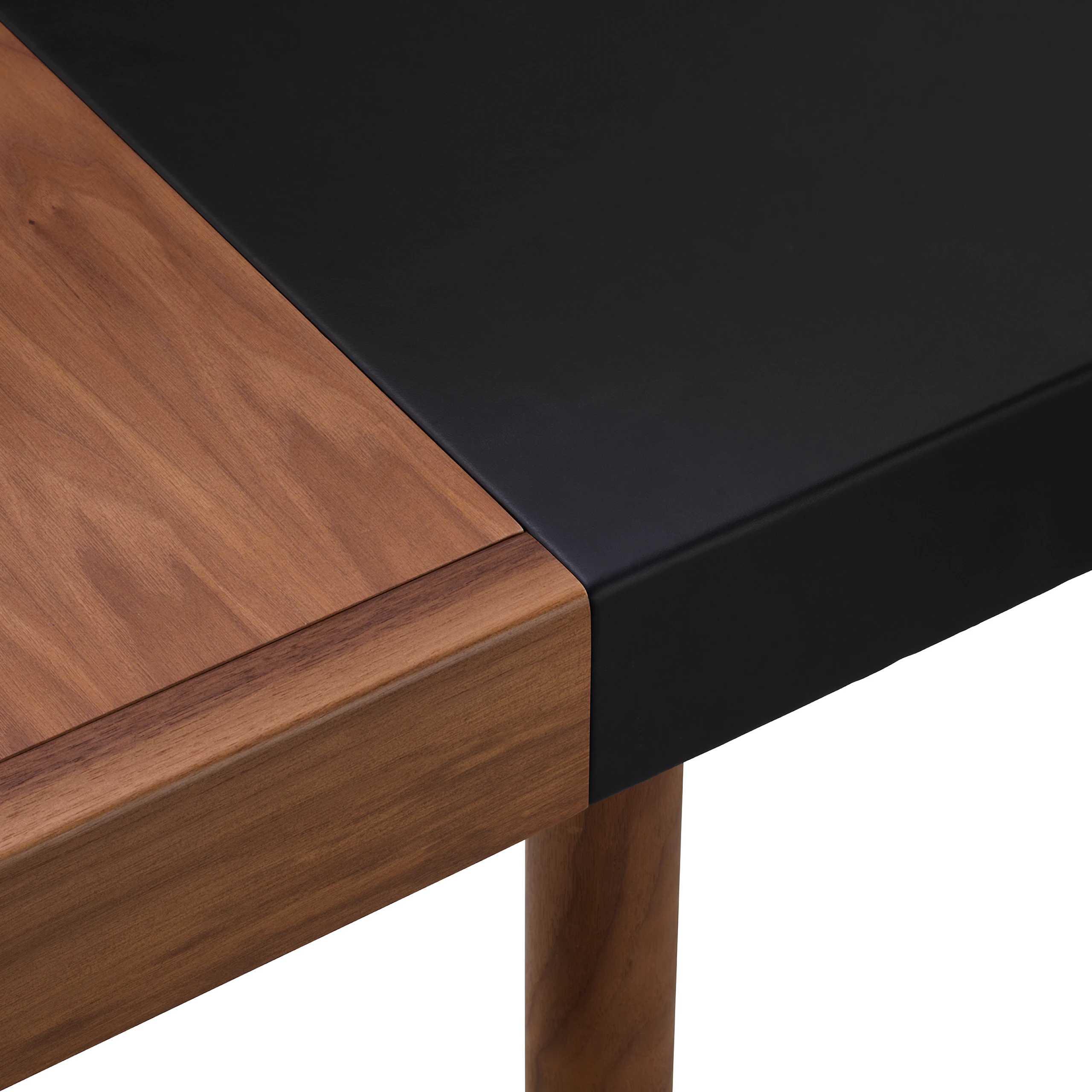 New Canaan Leatherwrap Sit-to-Stand Desk in Walnut and Black Leather, detail showing seamless blending of Leather, Solid Wood and Veneer.