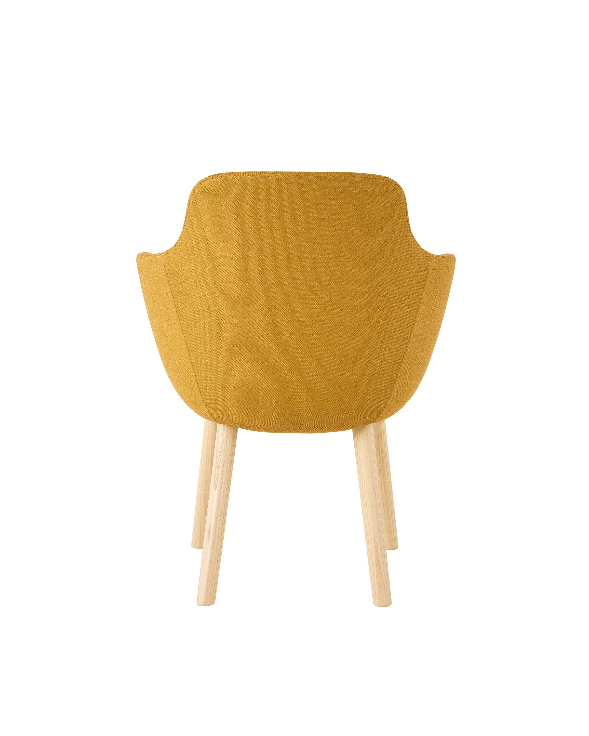 A Saiba Side Chair with yellow upholstery and light wood legs, viewed from the back.