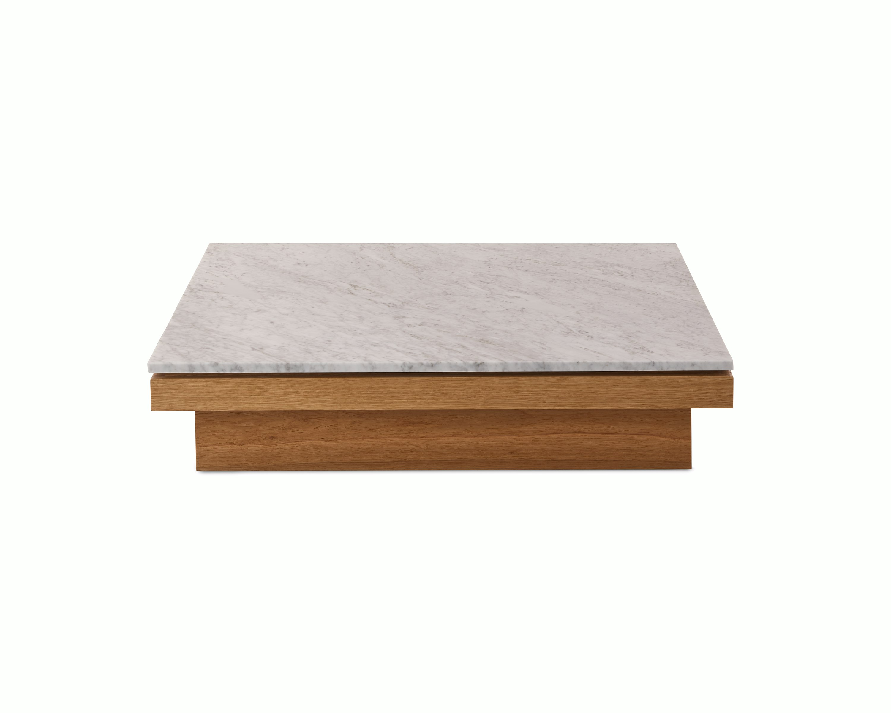 Pawson Drift Coffee Table with white oak base and white marble top, viewed from the front.