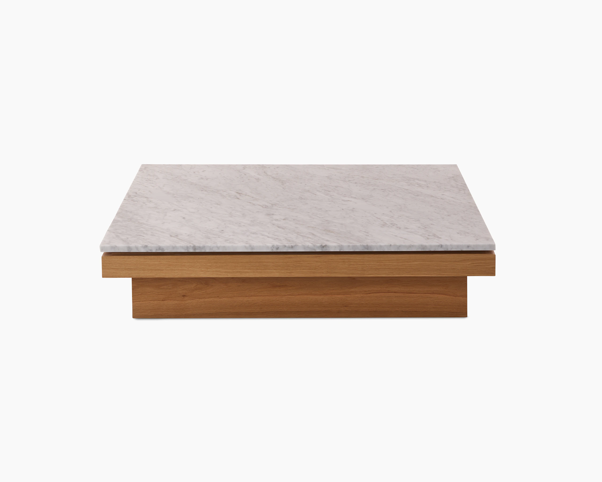 Pawson Drift Coffee Table with white oak base and white marble top, viewed from the front.