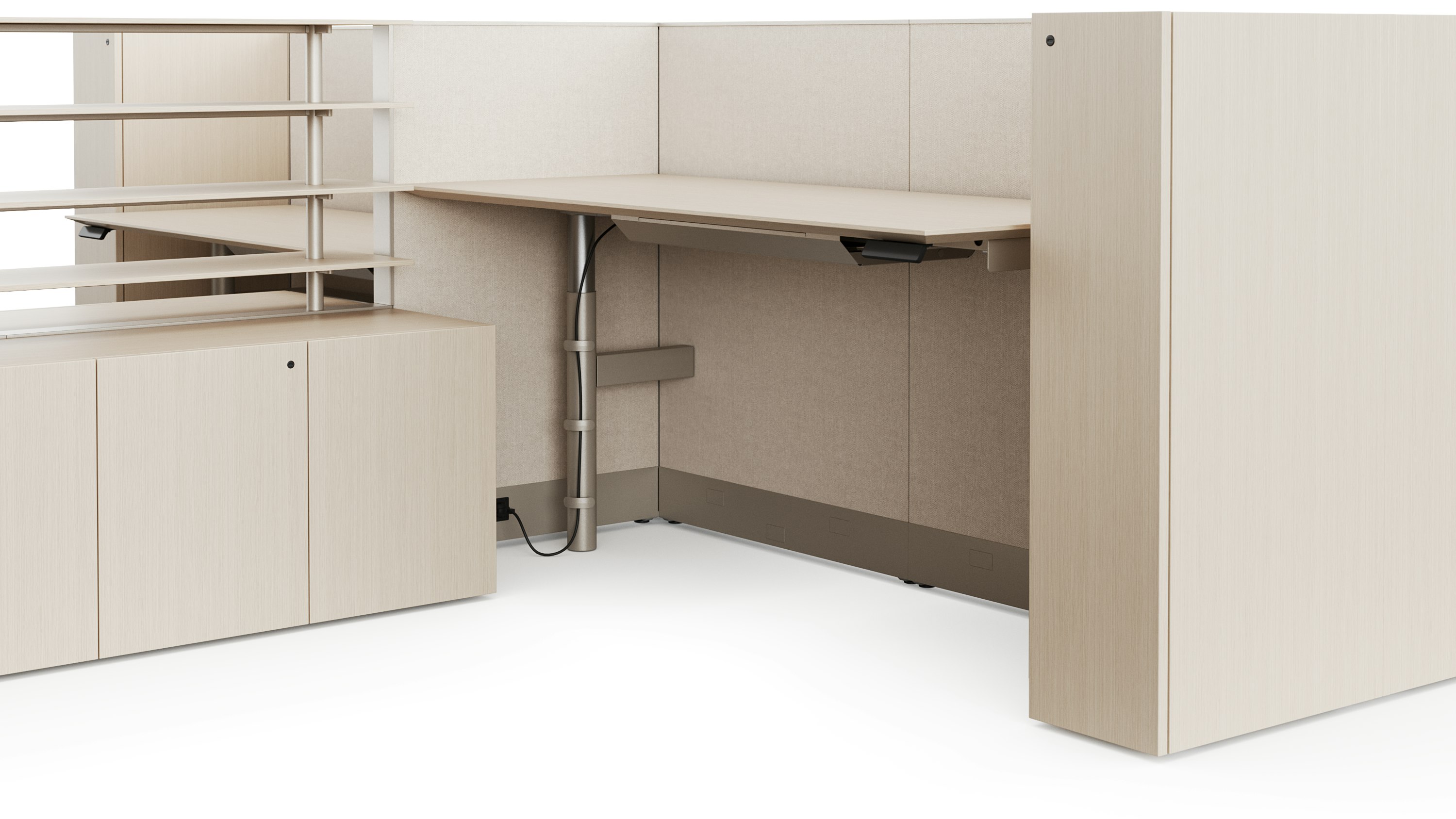 A white sweep rendering viewed from an angle of a light colored height adjustable table with floor standing panels surrounding two sides off of the table.