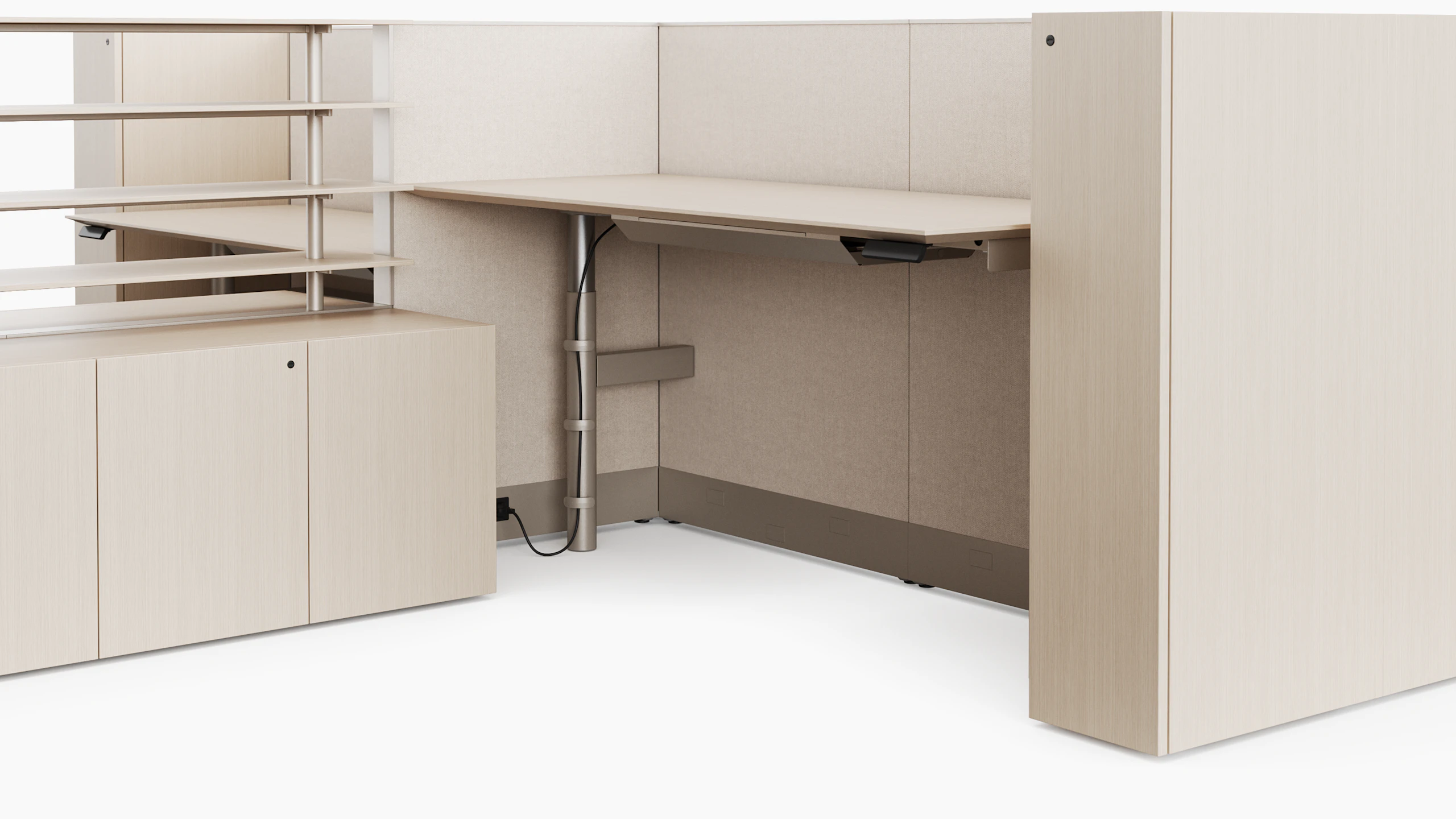 A white sweep rendering viewed from an angle of a light colored height adjustable table with floor standing panels surrounding two sides off of the table.