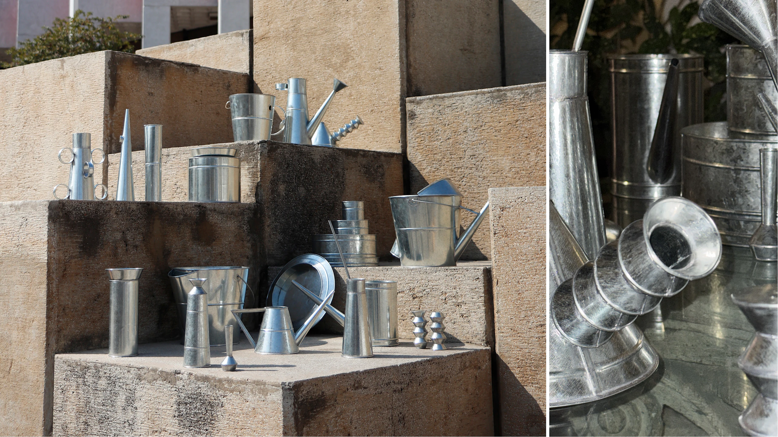 Collage of metal watering cans arranged on large stone steps alongside close ups of the watering cans.