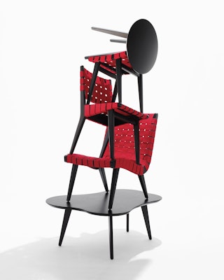 Risom Lounge Chair, Side Chair and side tables in maple with red webbing