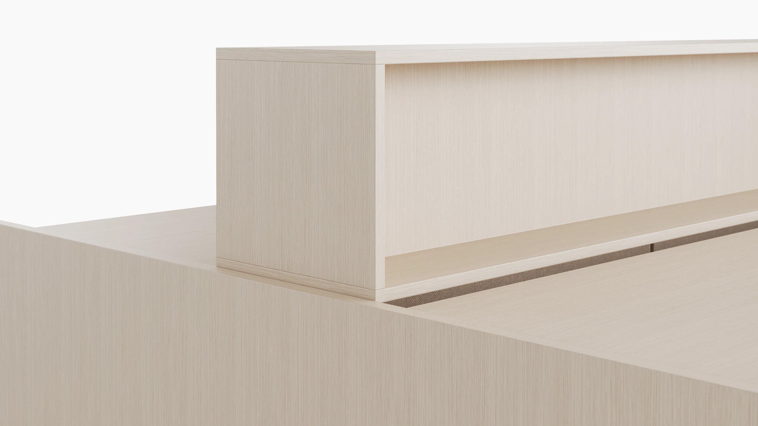A detail rendering shows personal storage cubby on top of a work surface.