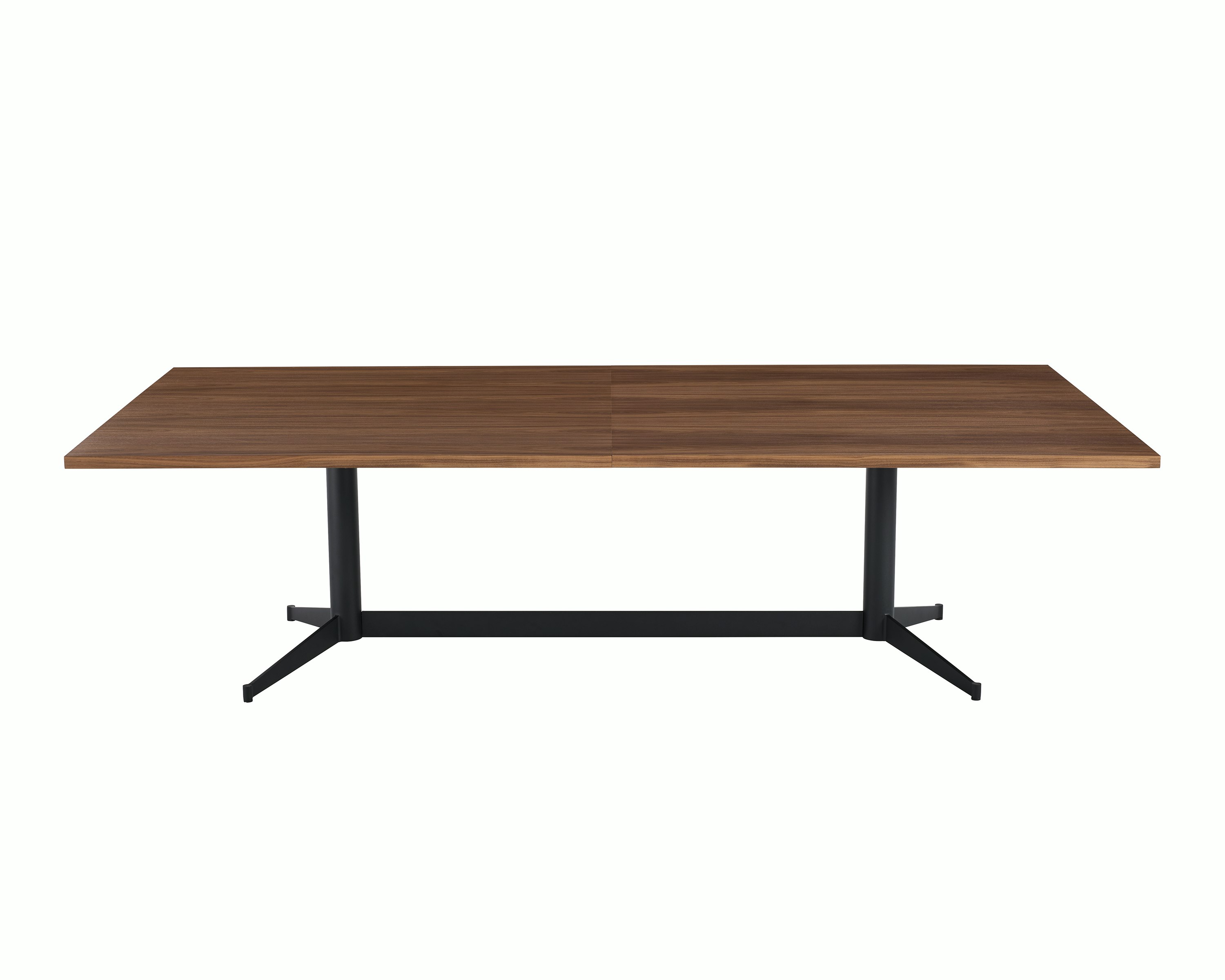 MP Table designed by Amir Paknya for Geiger in Natural Flat Cut Walnut with a Matte Black base shown on a white sweep, front view.