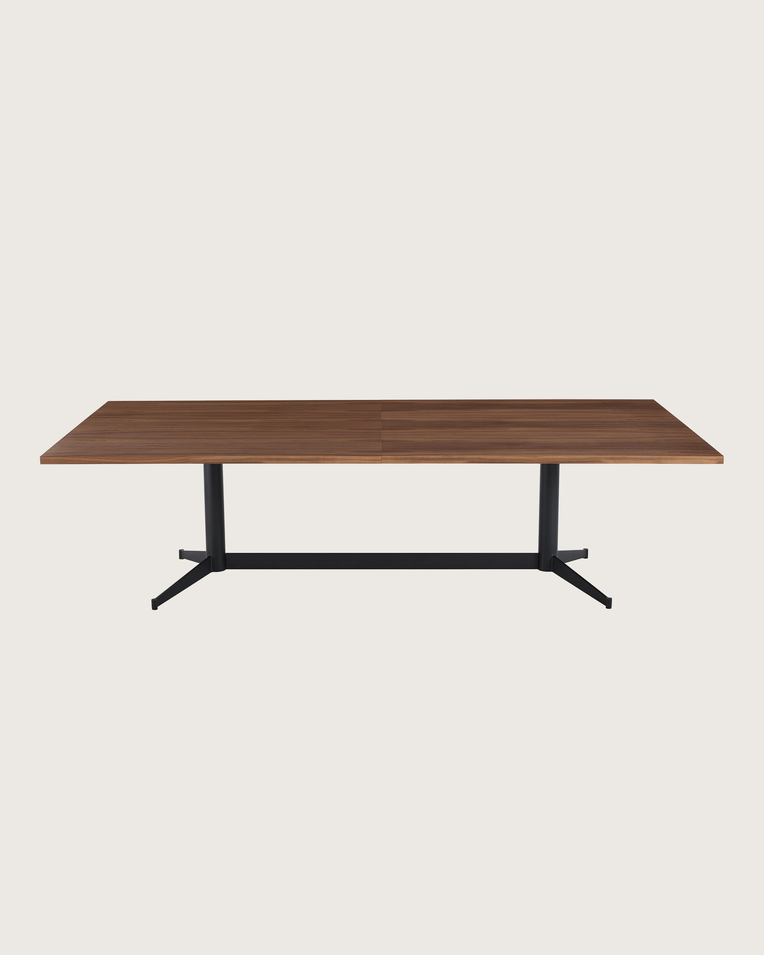 MP Table designed by Amir Paknya for Geiger in Natural Flat Cut Walnut with a Matte Black base shown on a white sweep, front view.