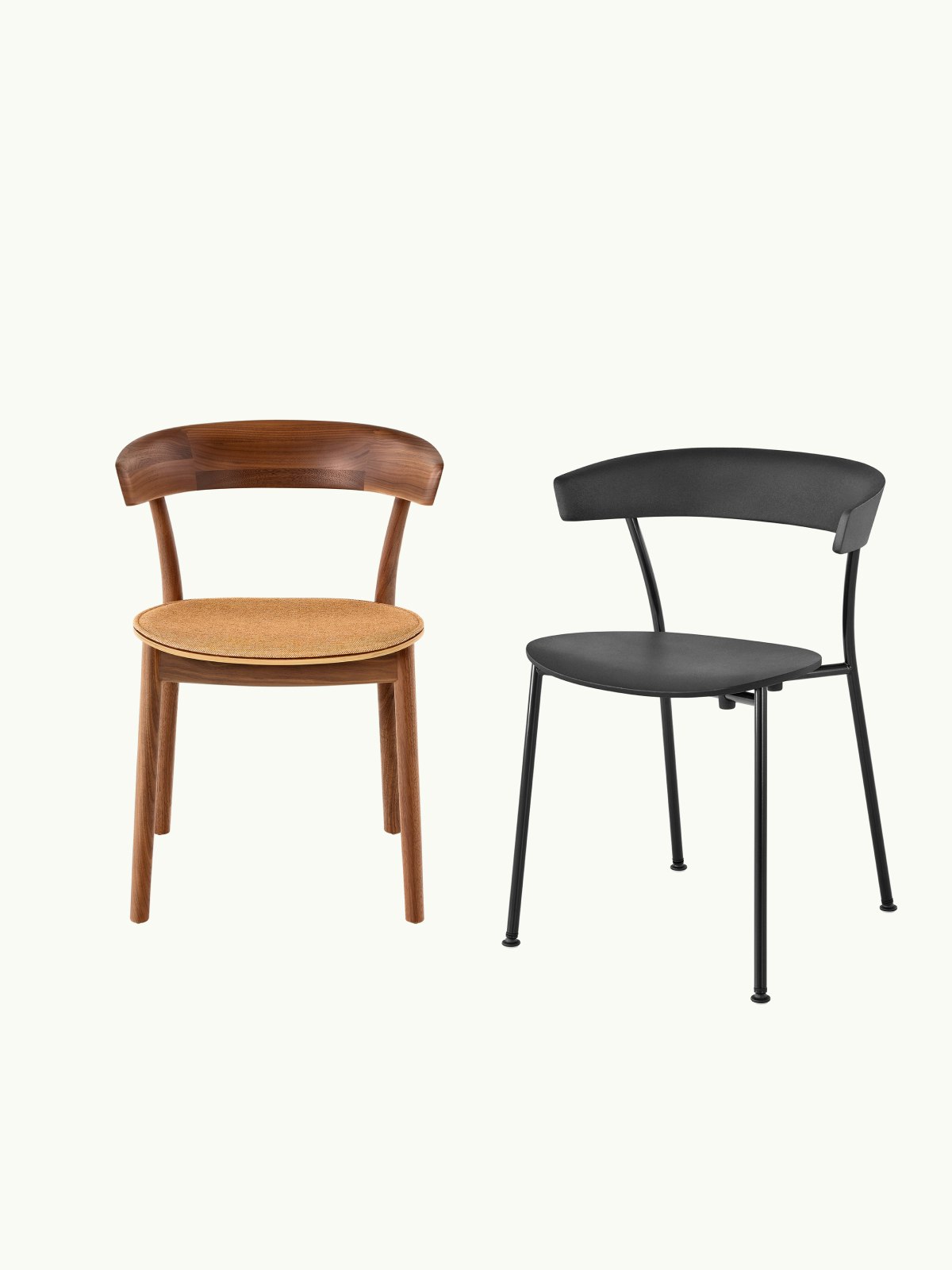 Two Leeway Chairs designed by Keiji Takeuchi, one in Walnut with an upholstered seat front-facing, one in black polyurethane a black metal frame shown at an angle, on a white sweep.