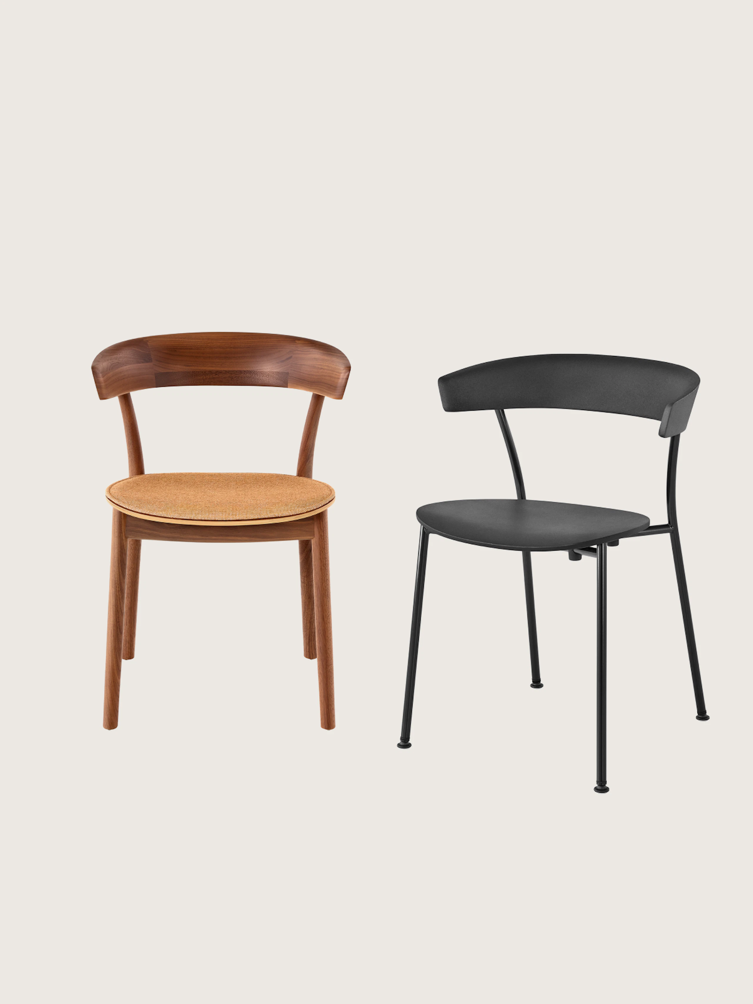 Two Leeway Chairs designed by Keiji Takeuchi, one in Walnut with an upholstered seat front-facing, one in black polyurethane a black metal frame shown at an angle, on a white sweep.