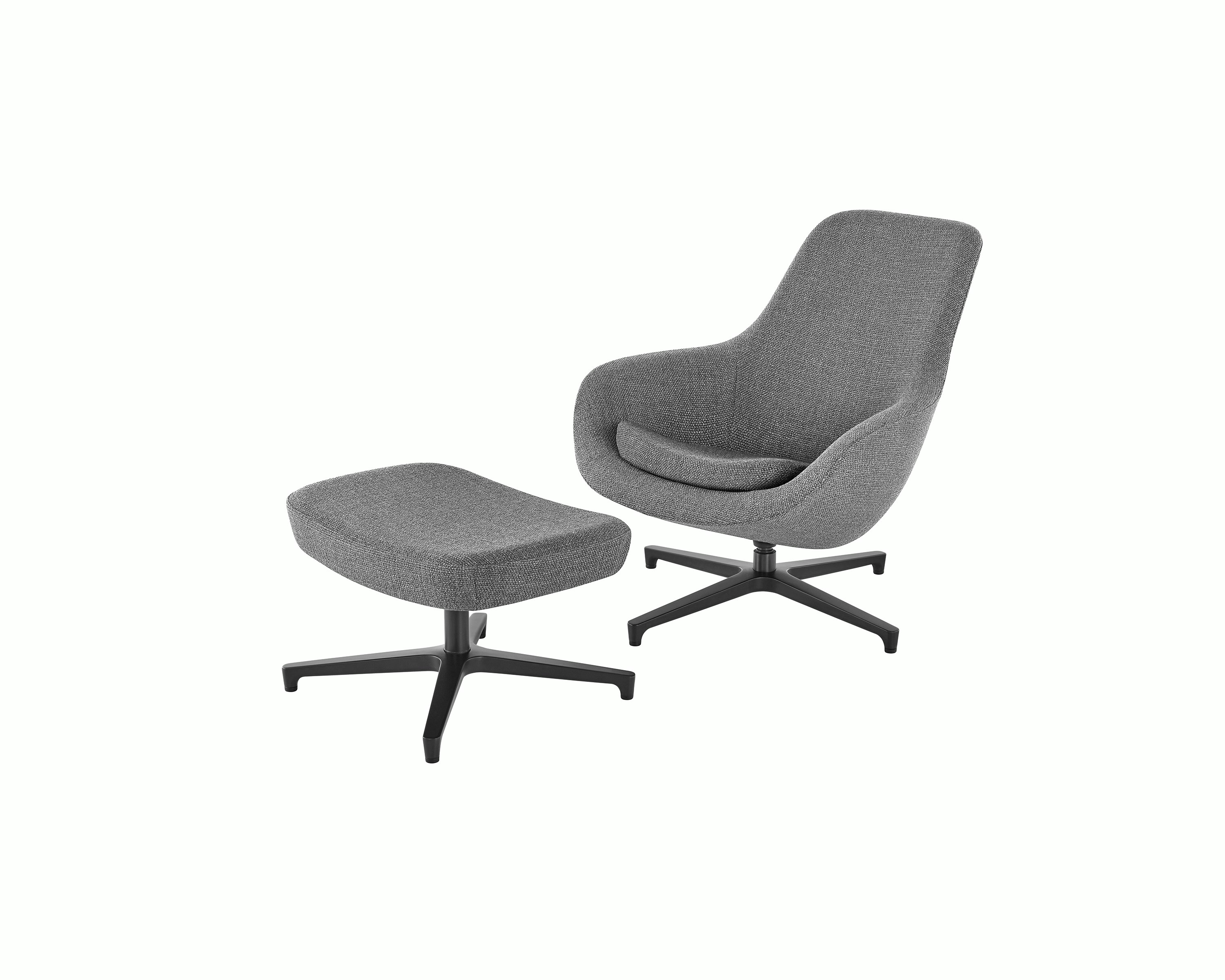 Angled view of a Saiba Lounge Chair and Ottoman with gray upholstery.