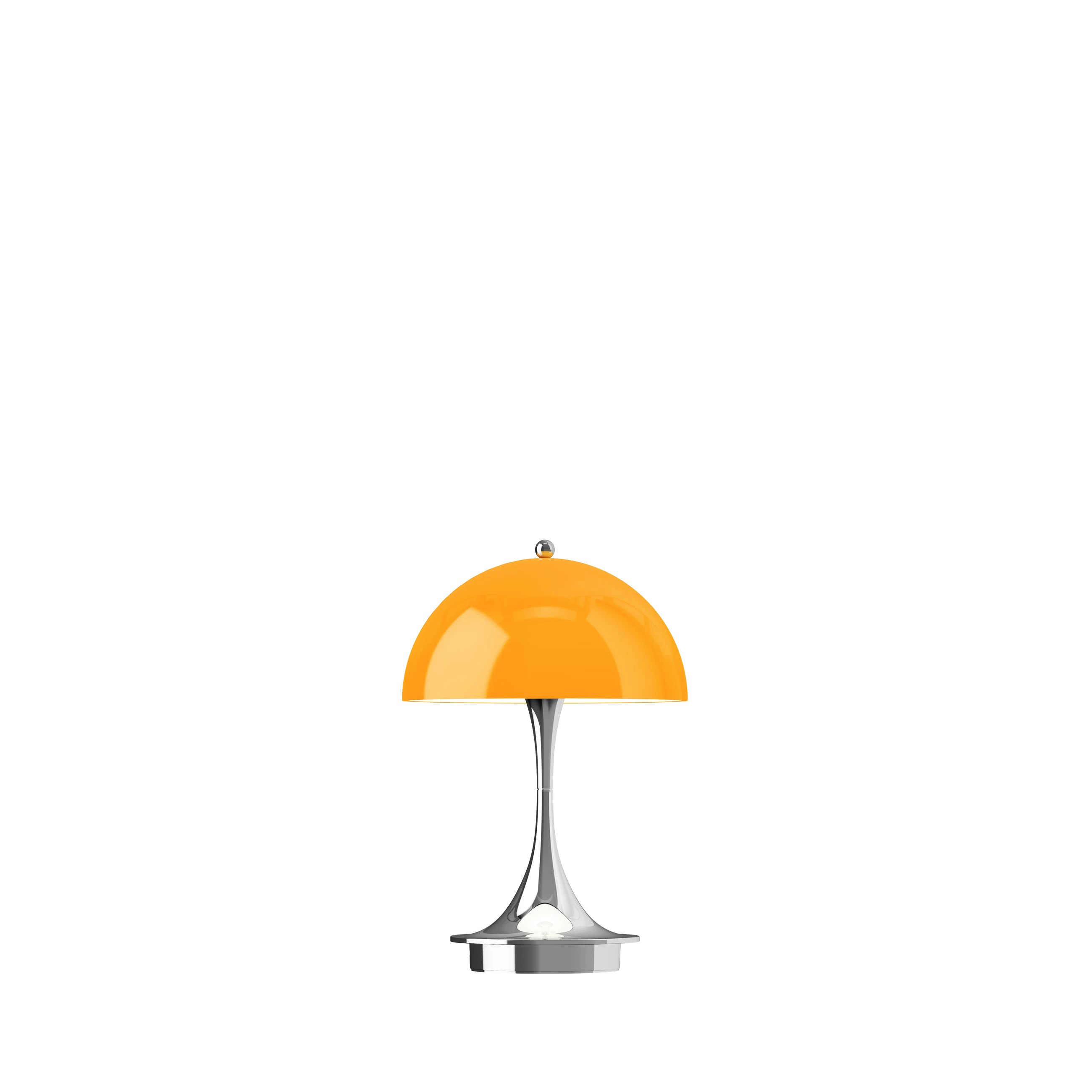 A Panthella Portable Lamp in Orange viewed from the front.