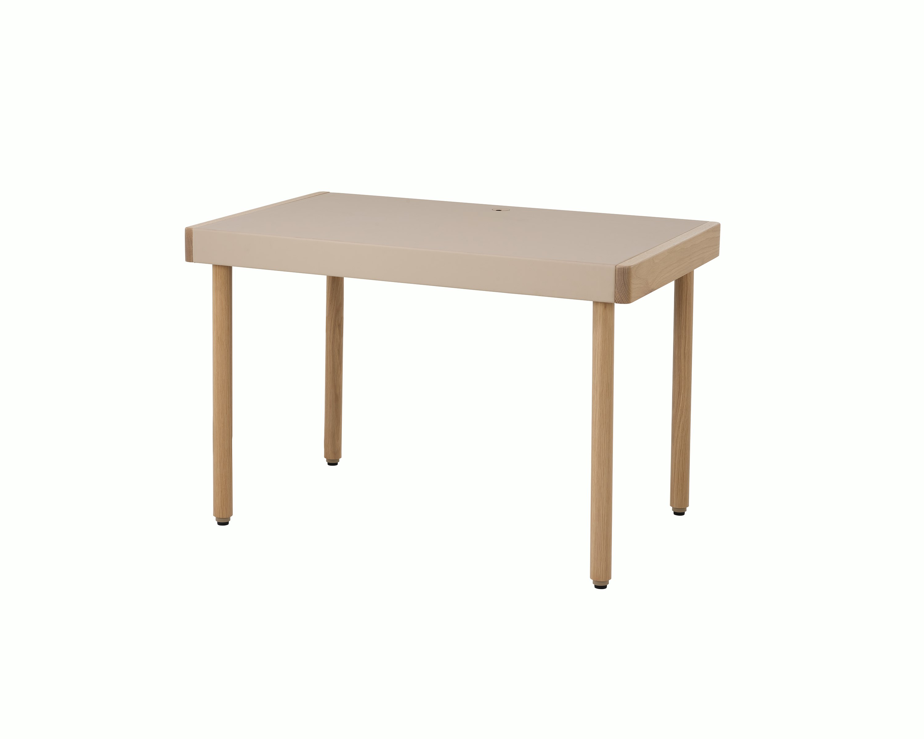 New Canaan Leatherwrap Sit-to-Stand Desk in Oak and Champagne Leather, no drawers, angled view.