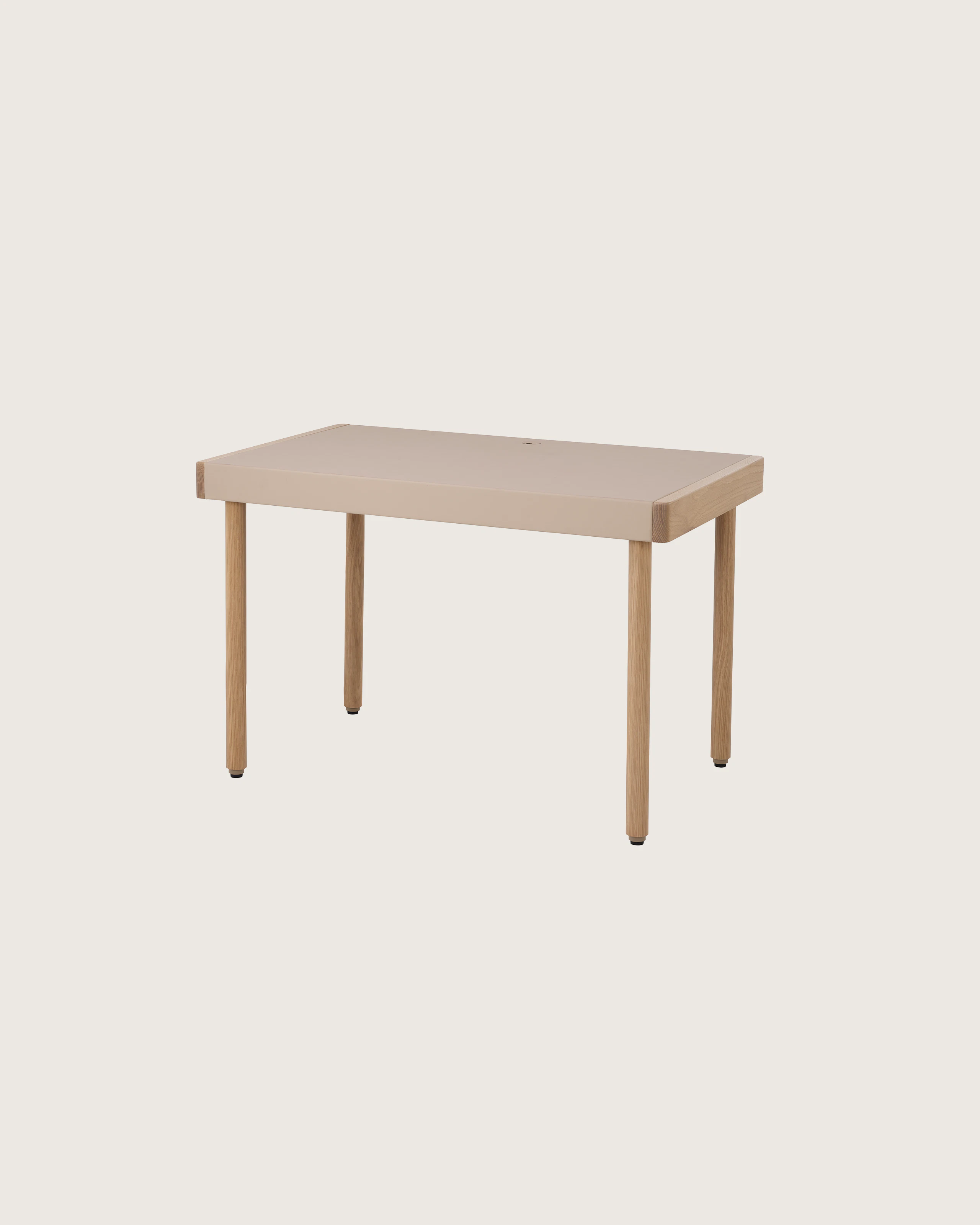 New Canaan Leatherwrap Sit-to-Stand Desk in Oak and Champagne Leather, no drawers, angled view.