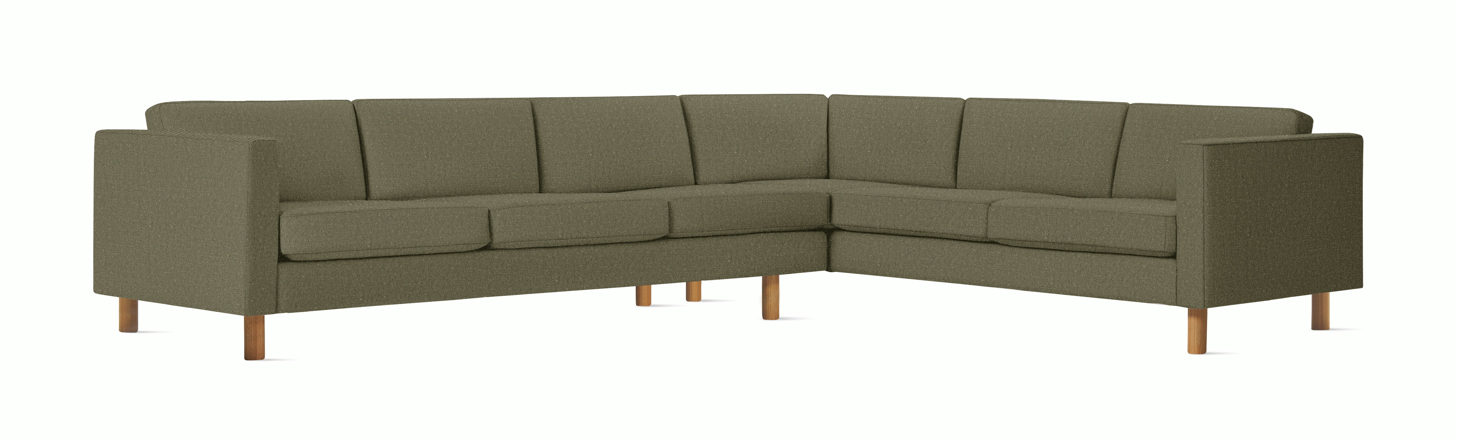 A Lispenard Corner Sectional in Powder with Oak finish viewed from the front.