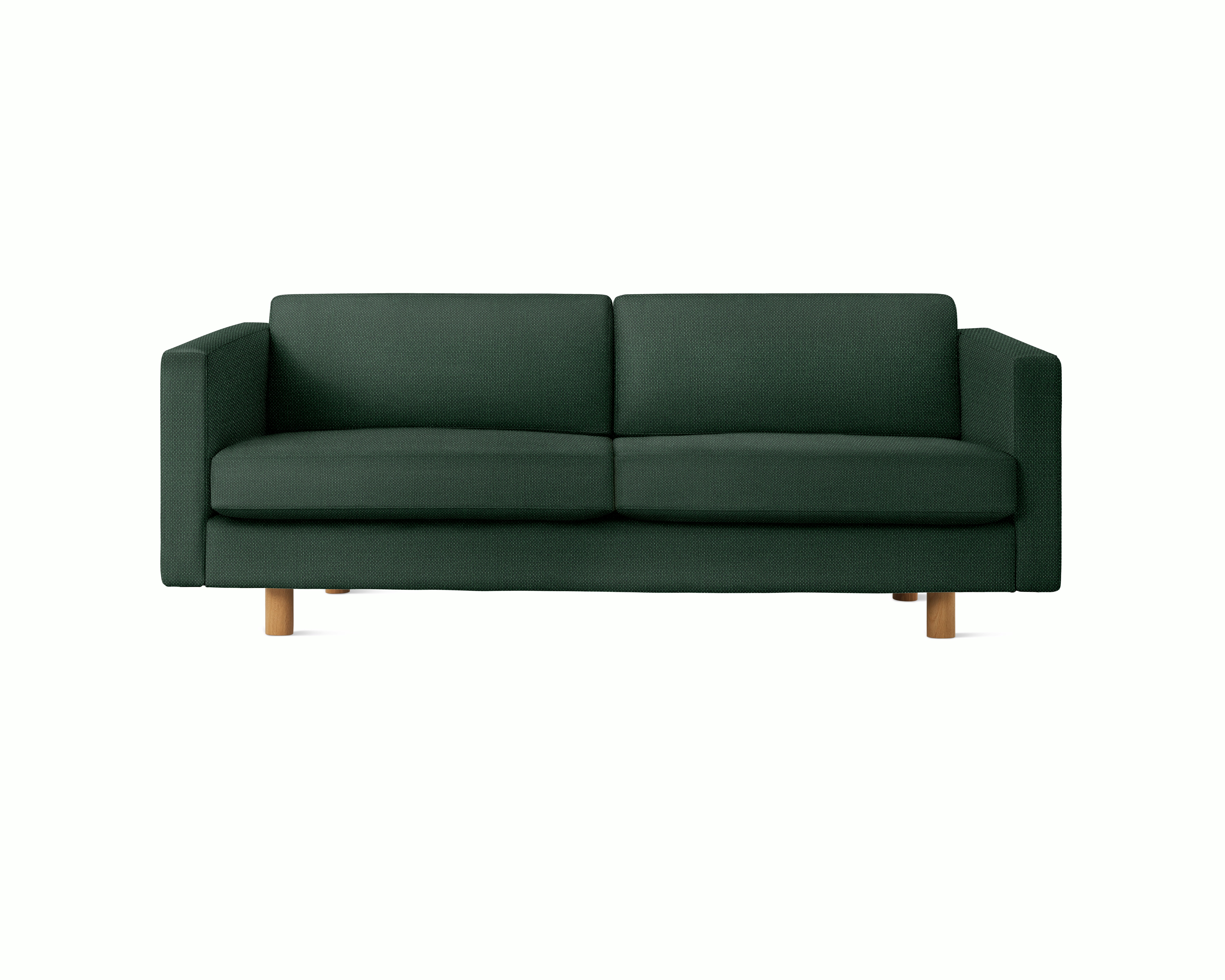A Lispenard Sofa in Outdoors upholstery with oak legs viewed from the front.