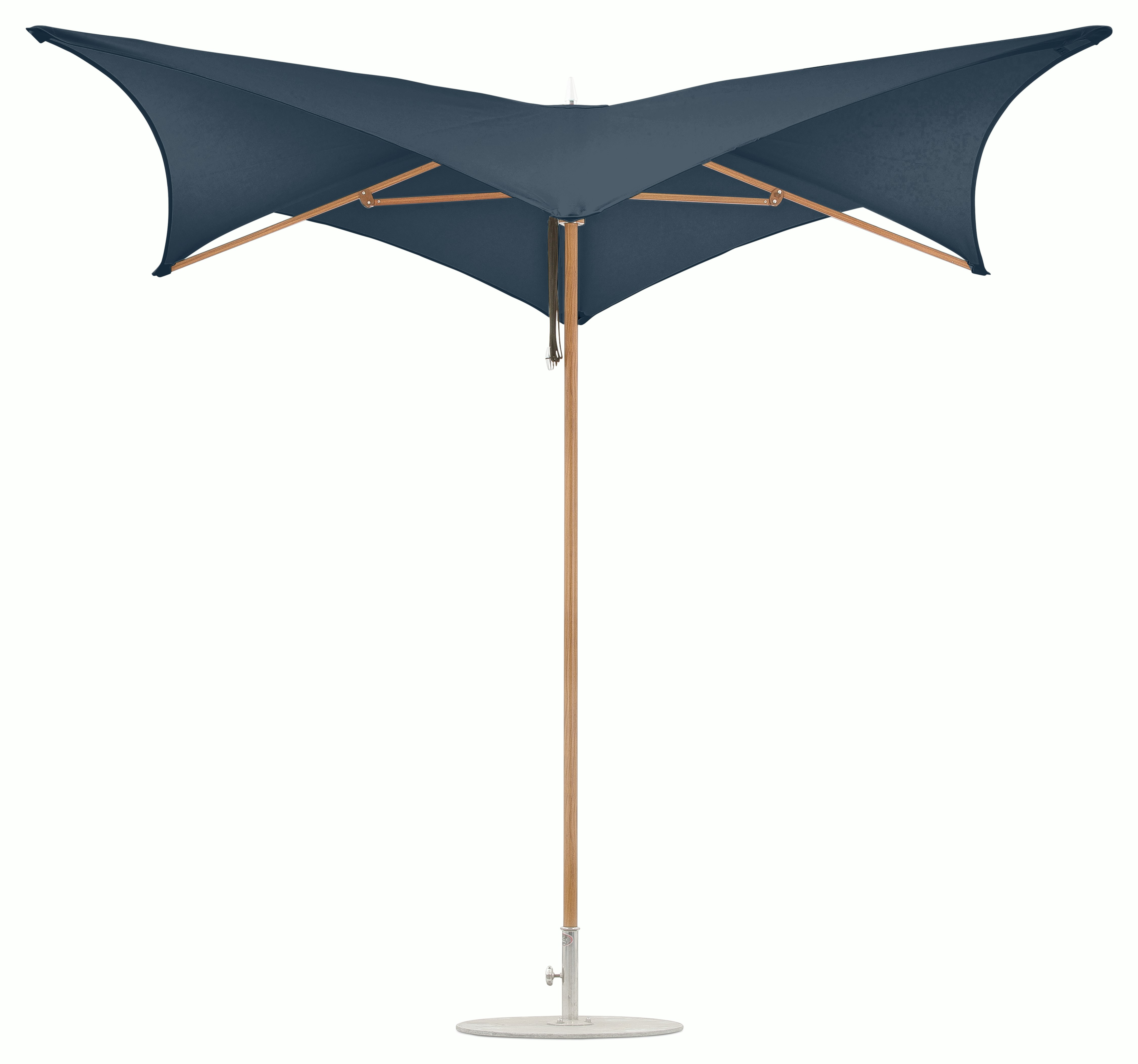 A Tuuci Ocean Master Manta Umbrella in Dwr Blue Stone viewed from the front.