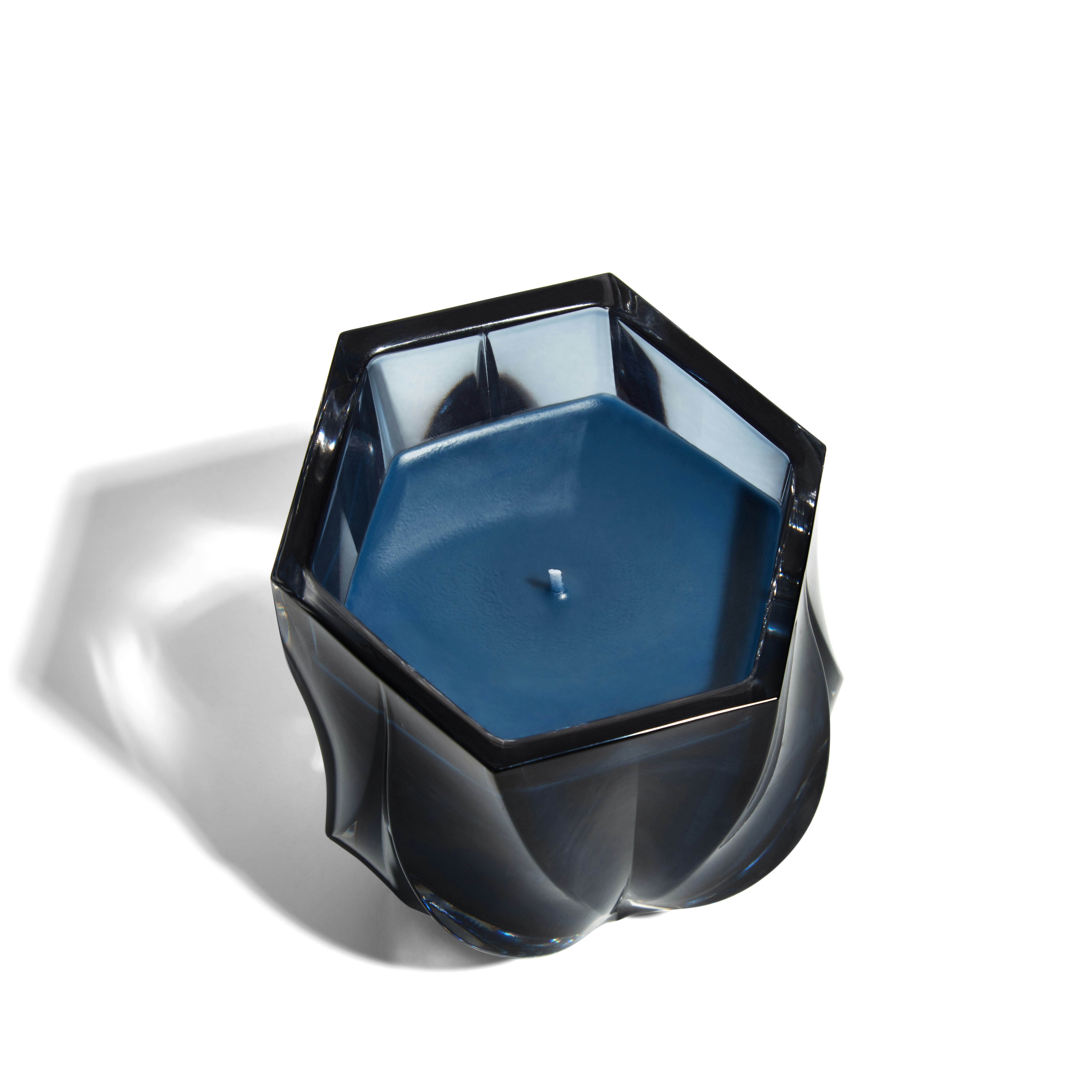 A Shimmer Scented Candle in Slate Blue viewed from the top.