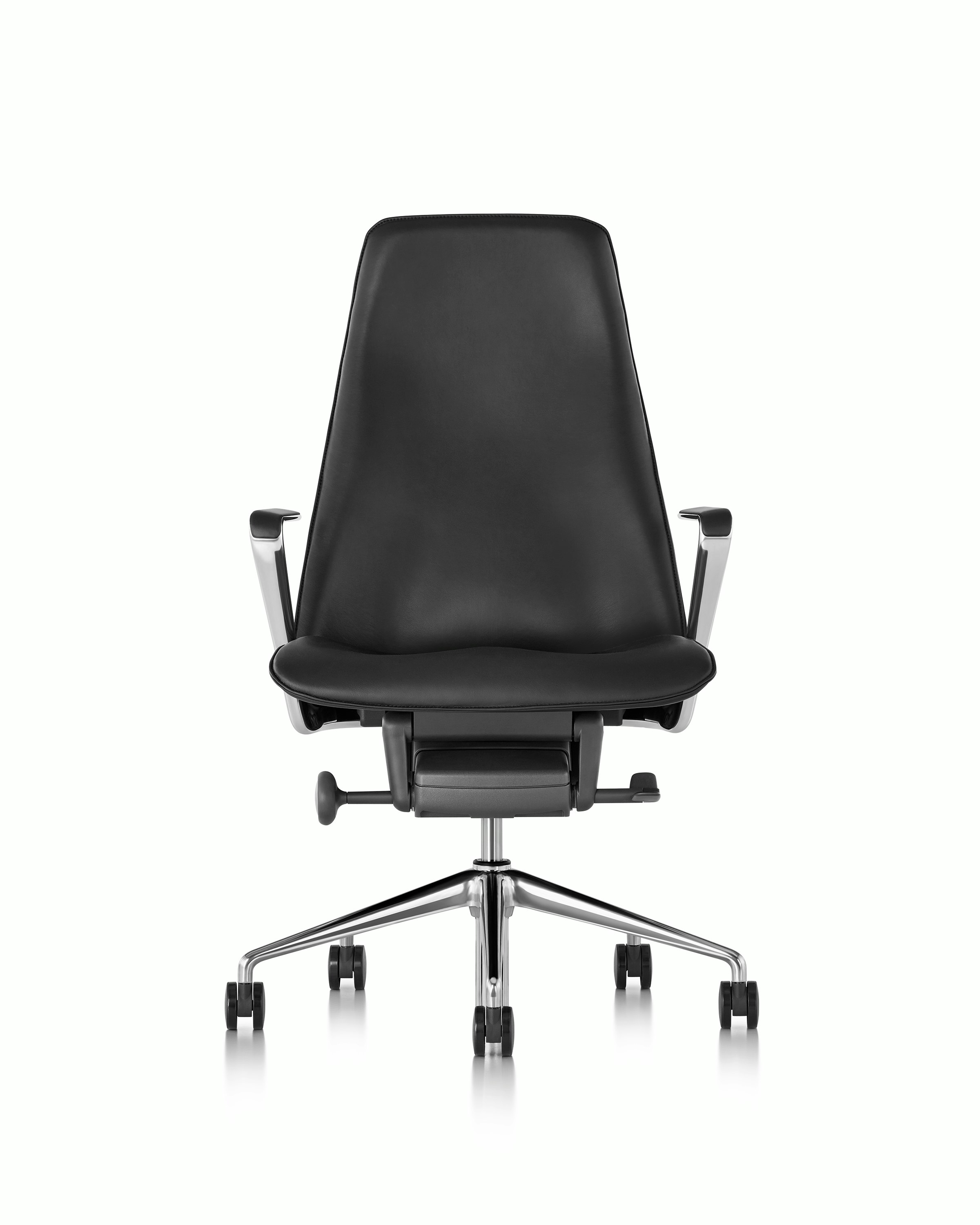 A Taper office chair with black leather upholstery, viewed from the front.