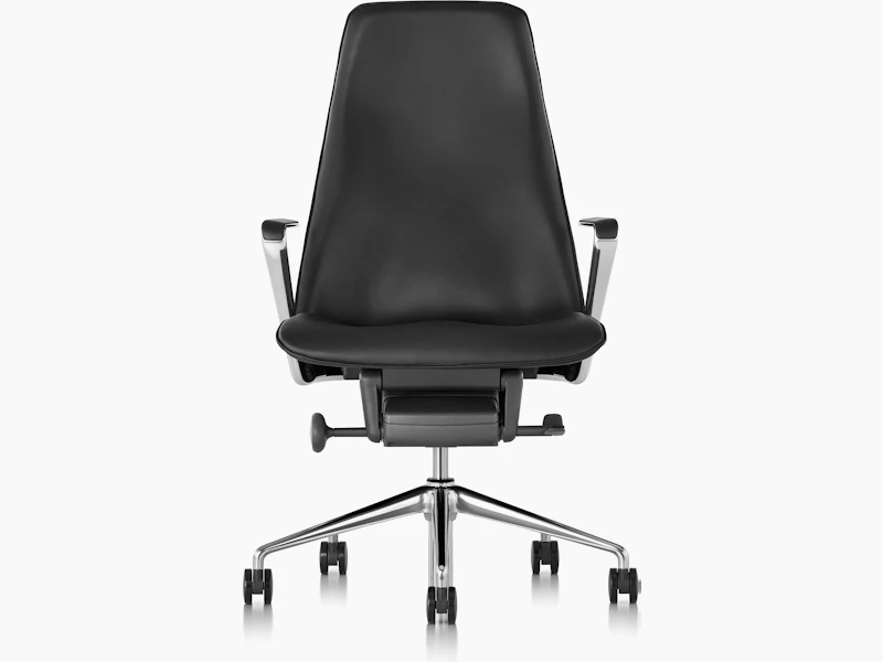 A Taper office chair with black leather upholstery, viewed from the front.