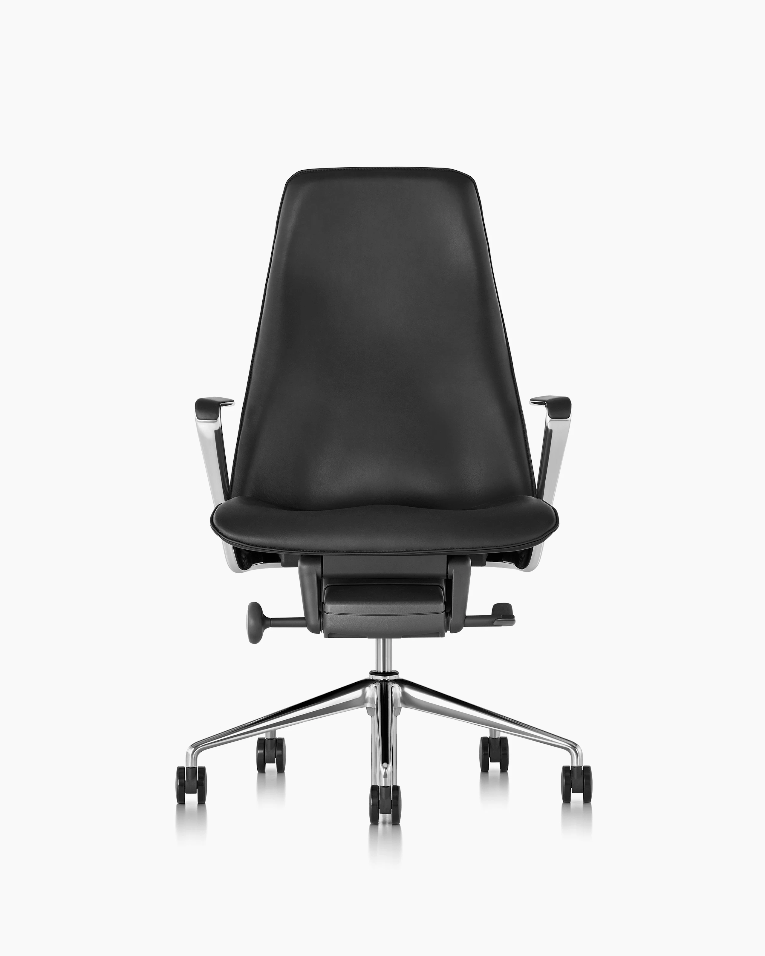 A Taper office chair with black leather upholstery, viewed from the front.