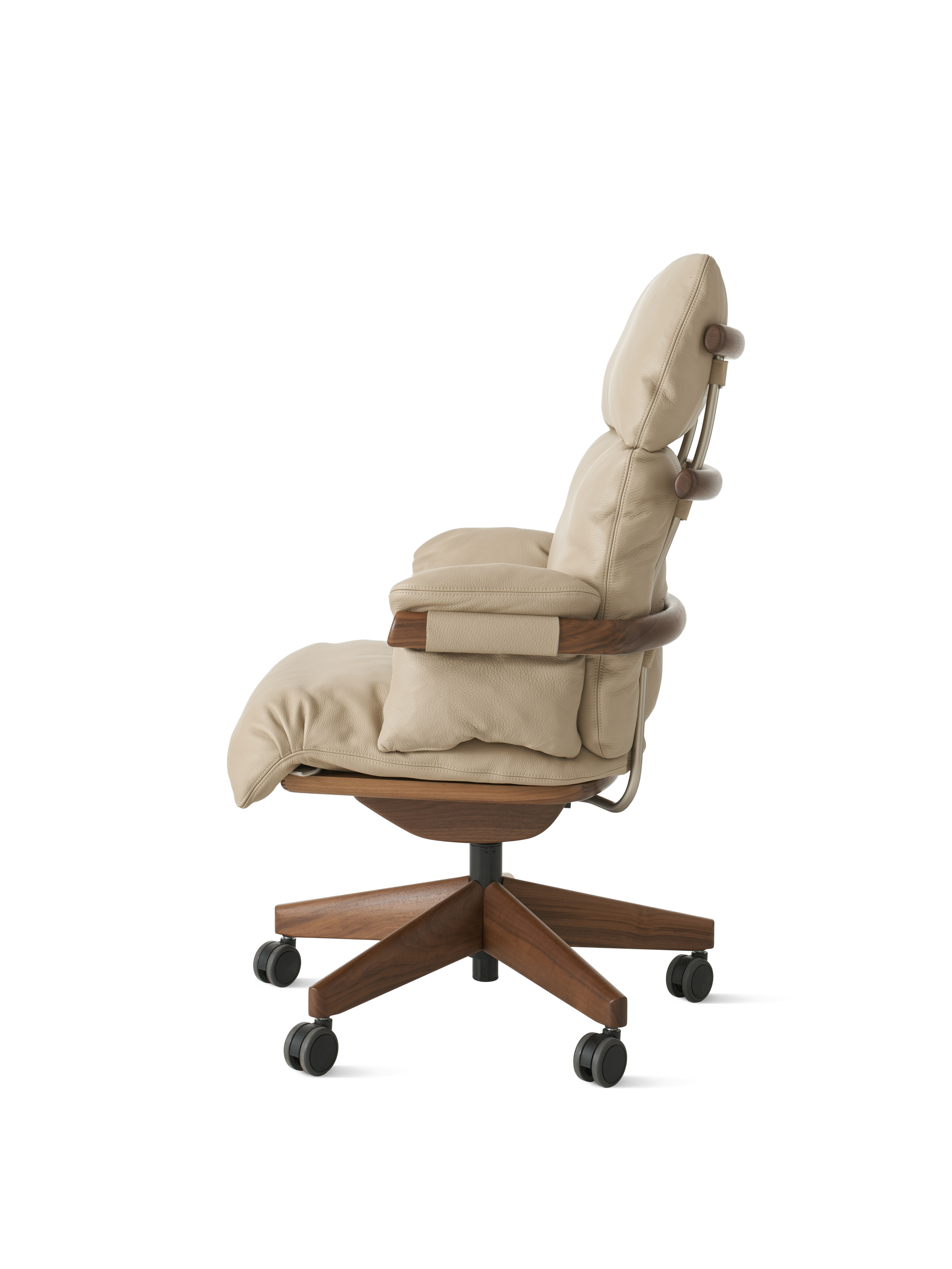 Ramus Chair - High Back,  Comfort Leather,  Grey Beige,  Walnut,  Satin Nickel,  Hard Floor Caster