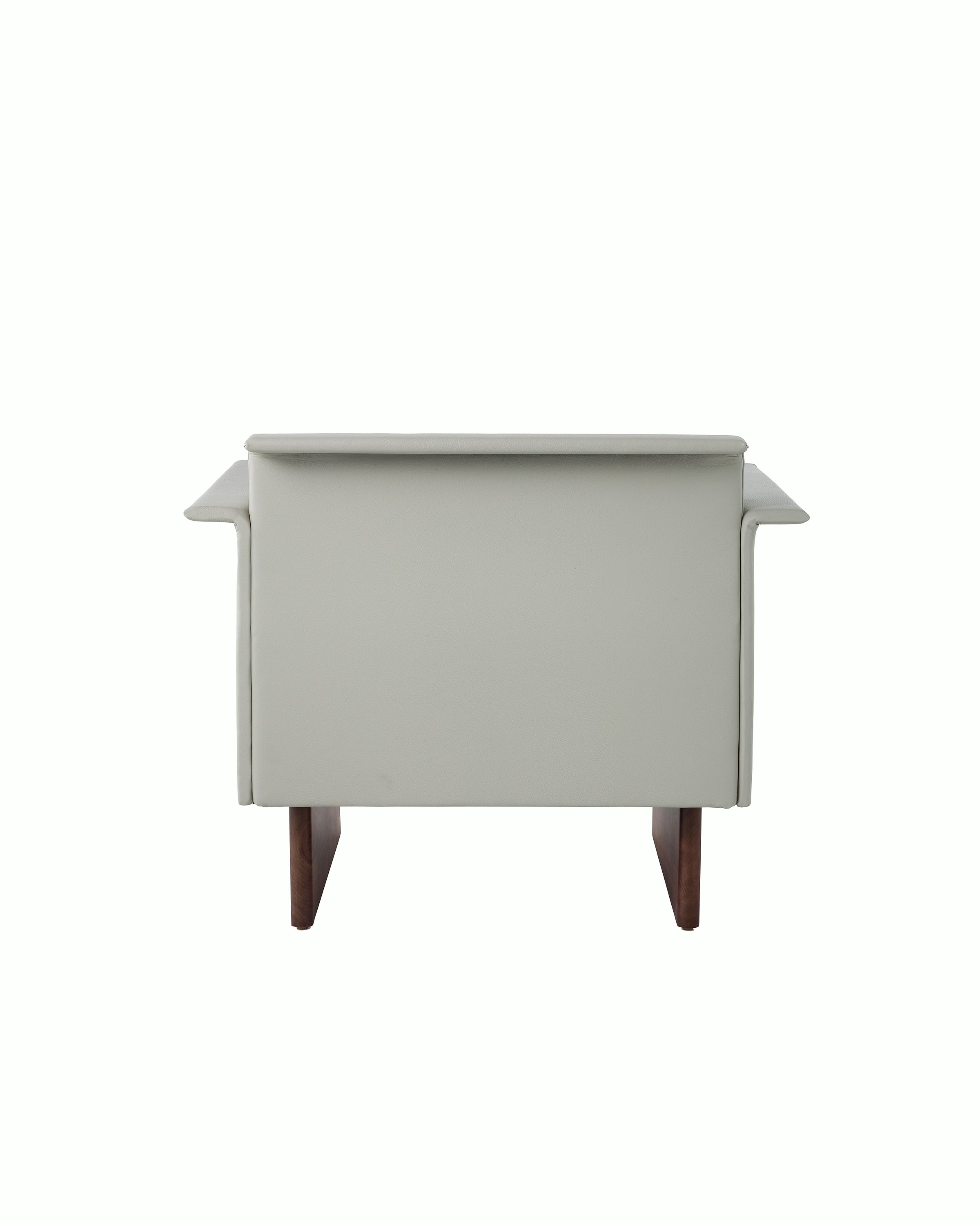 Mantle Club Chair with Wood Base in Bristol Leather Ash Grey, viewed from the back.