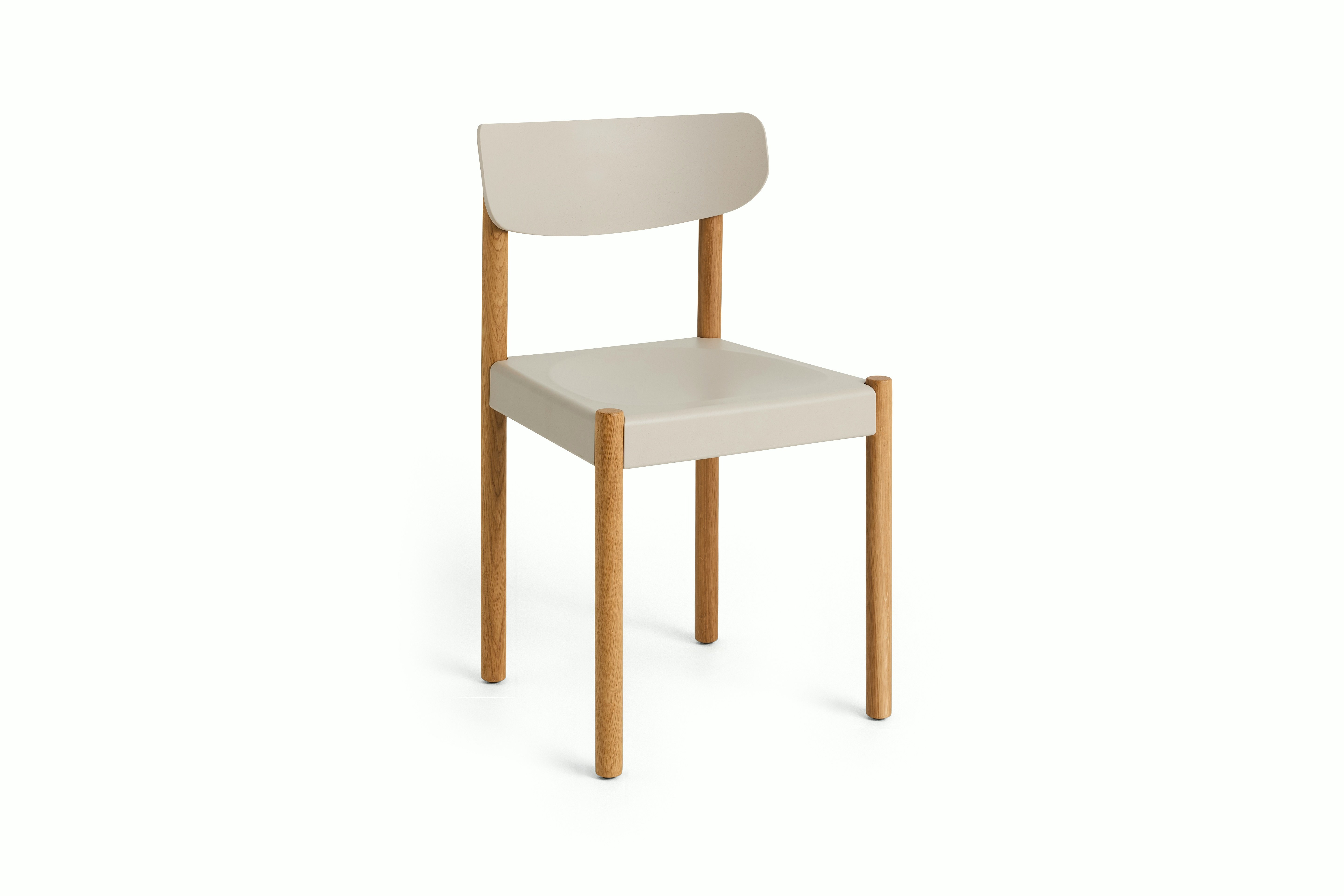 Pack Side Chair with blue seat and back on oak legs, angled view