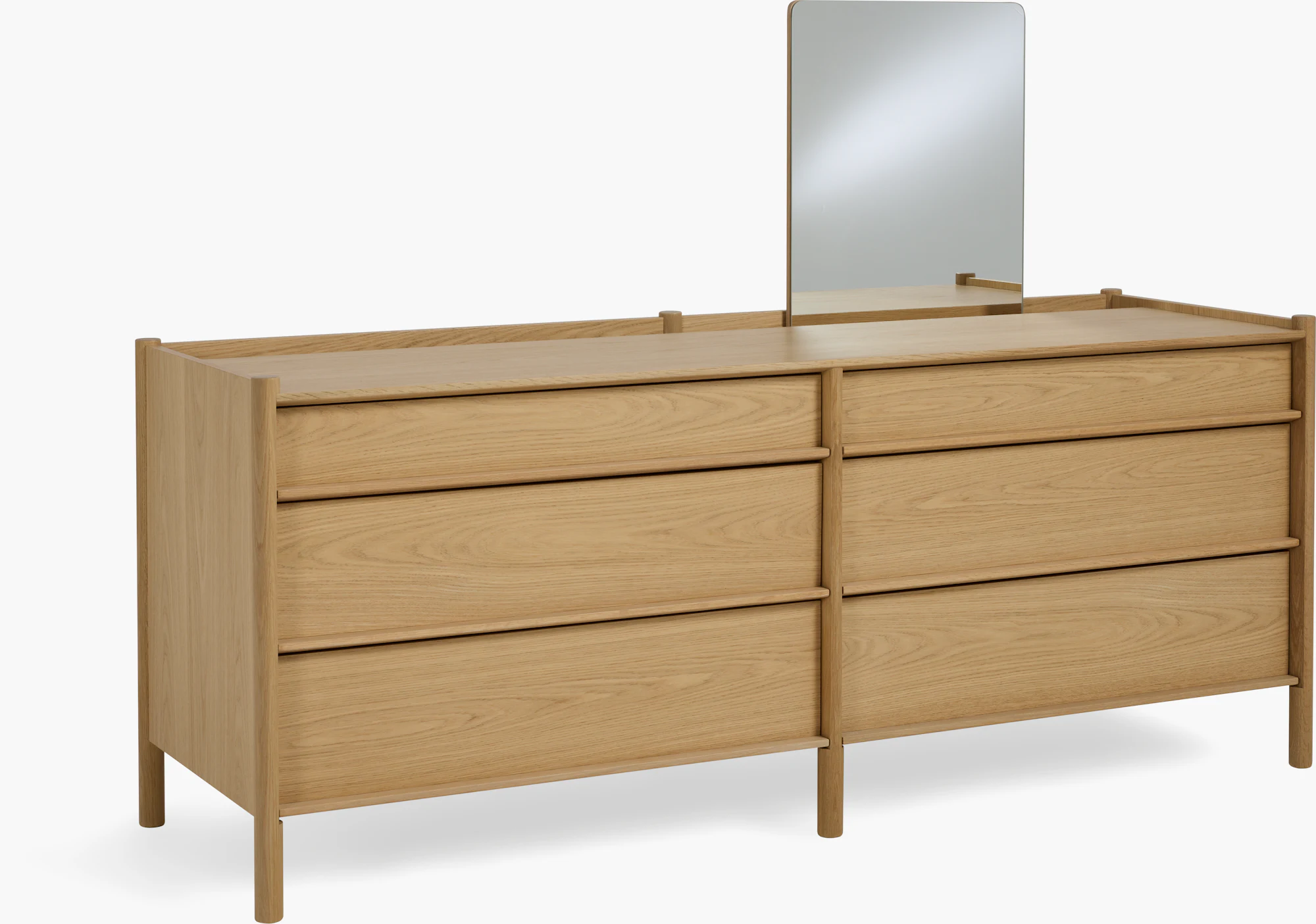 Front view of Pala dresser with mirror and multiple drawers in light oak