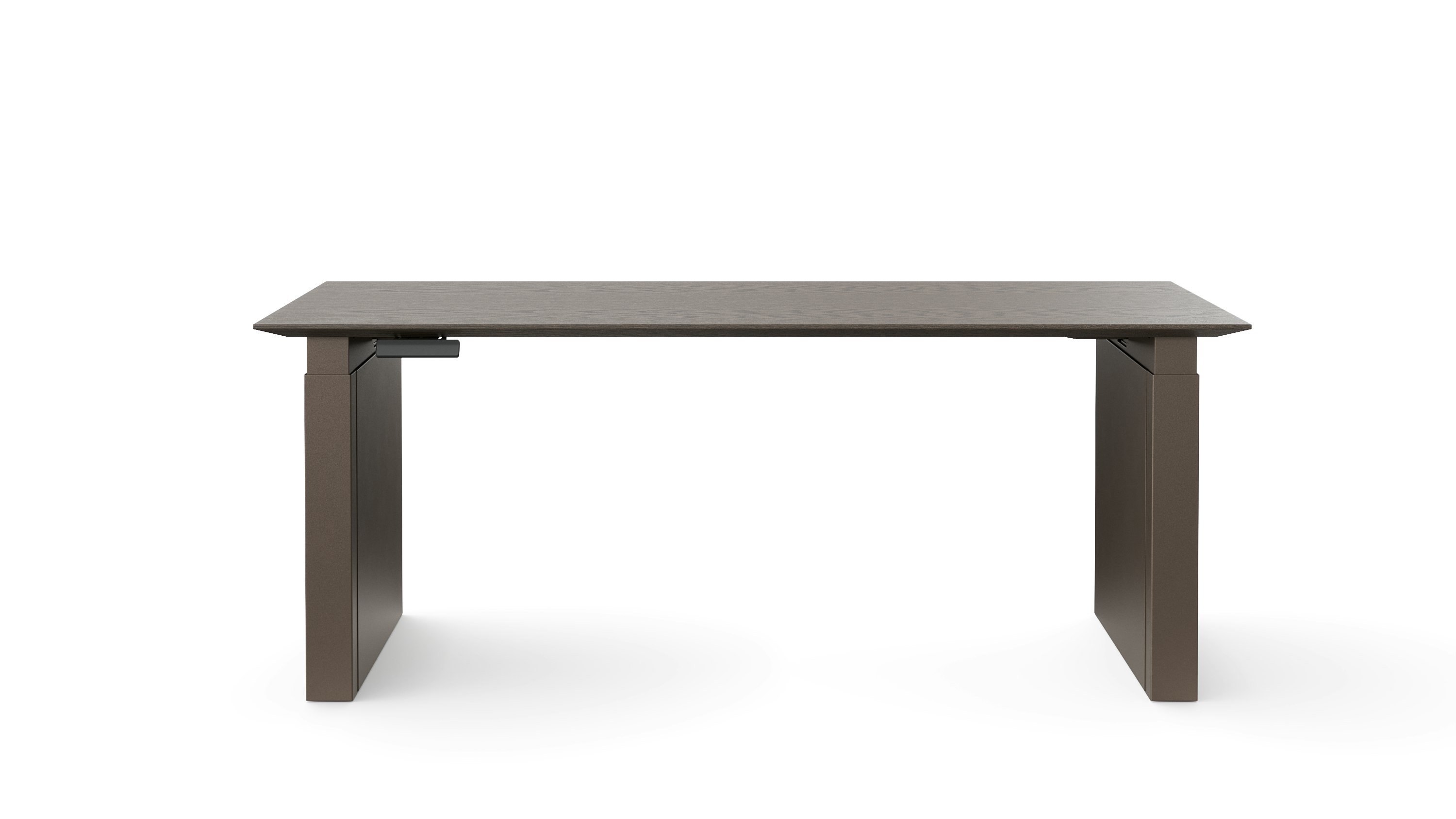 A height adjustable table with shrouded legs is shown in dark finishes.