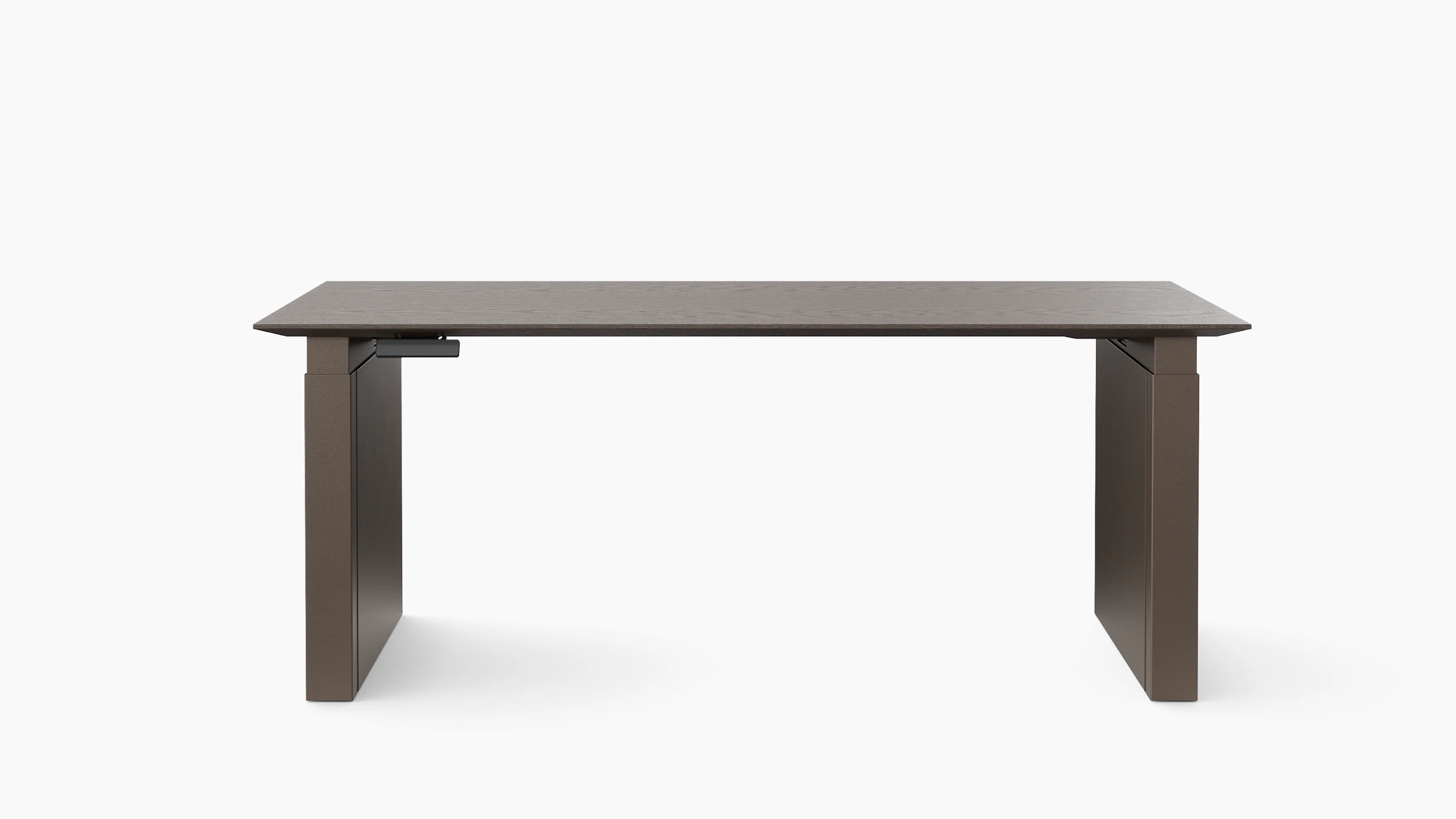 A height adjustable table with shrouded legs is shown in dark finishes.