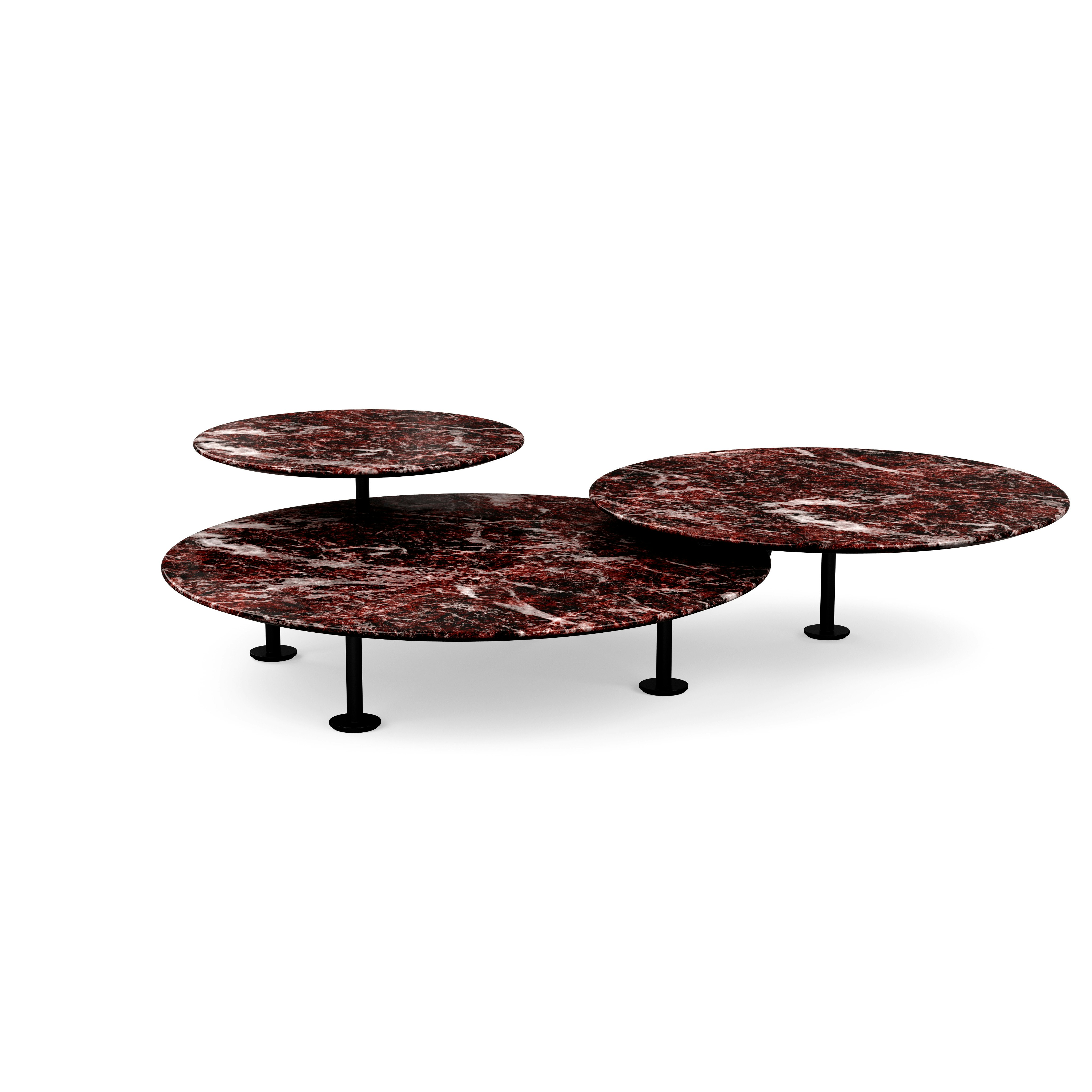 Grasshopper Triple-Top Coffee Table - Marble, Polished Rosso Rubino, Black