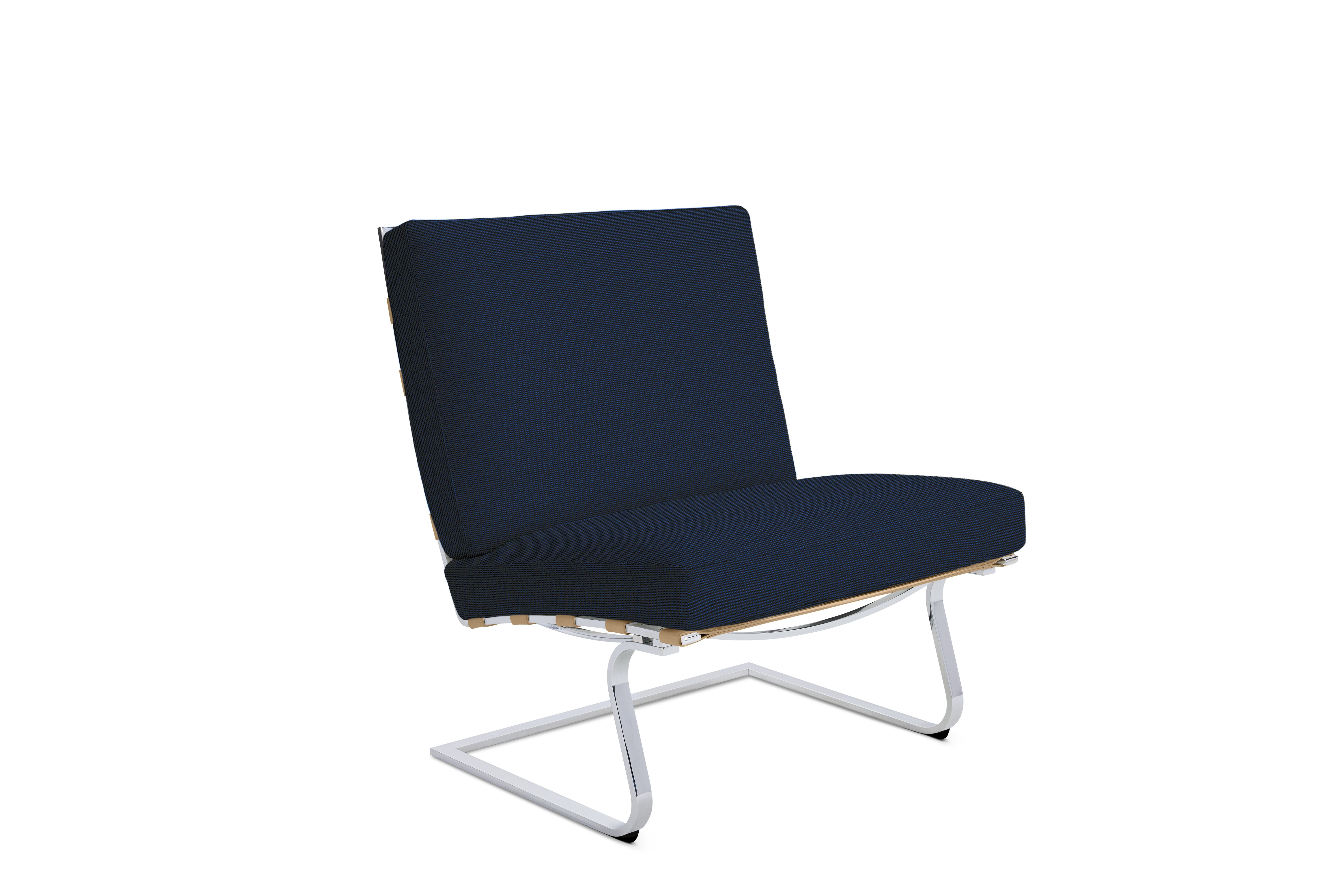 A Tugendhat Chair in Lazuli with Tan and Chrome viewed from an angle.