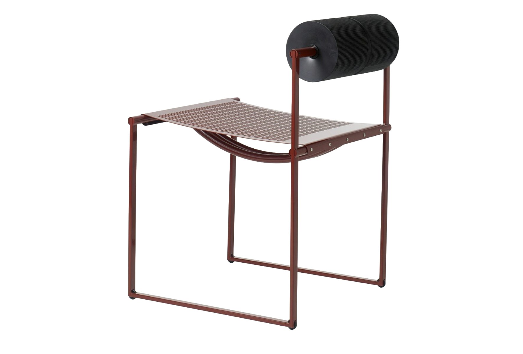 A Prima Side Chair in Gloss Lacquering, Mattone viewed from behind.