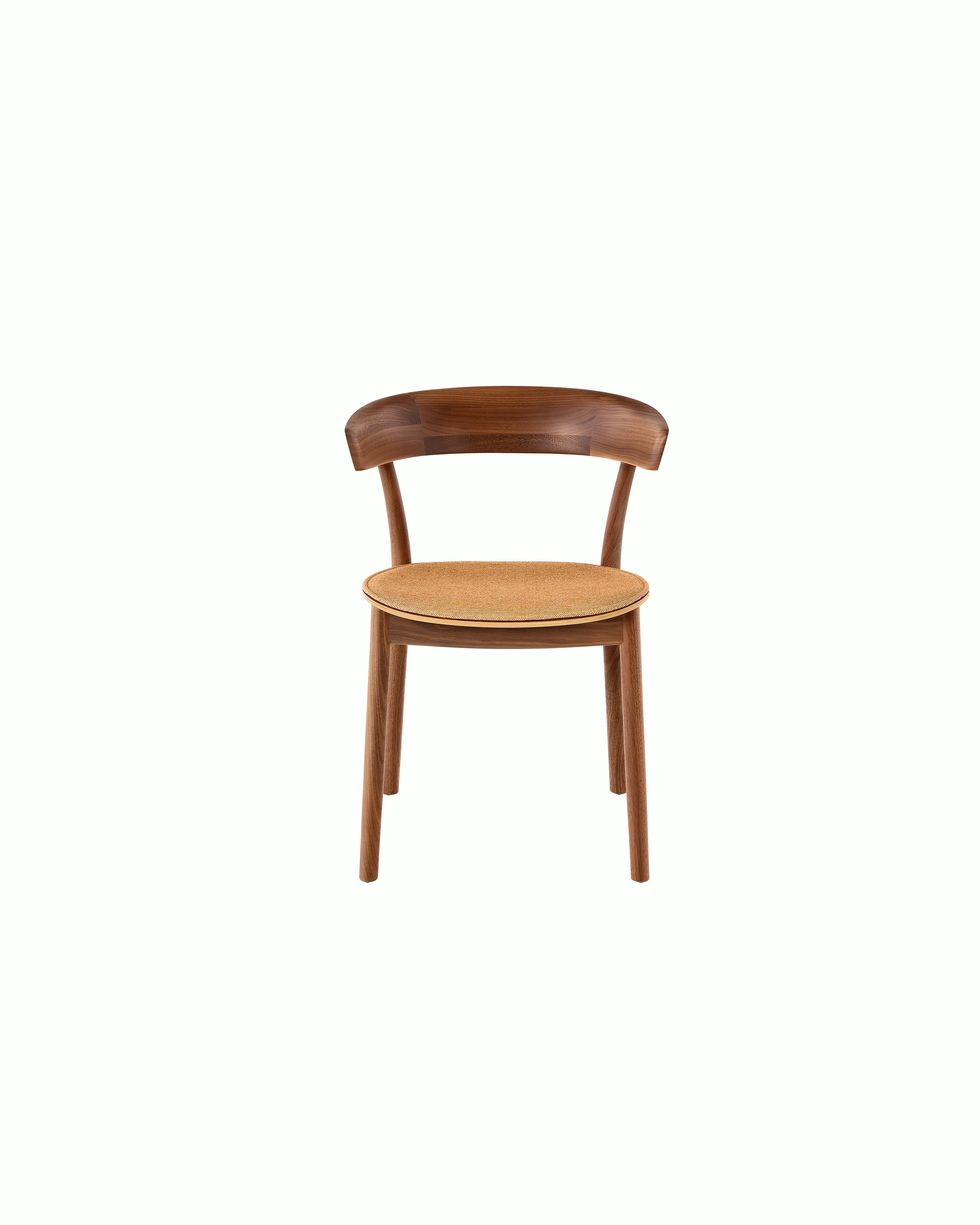 A Leeway Chair with a Walnut frame, featuring a copper colored upholstered seat, viewed from the front.