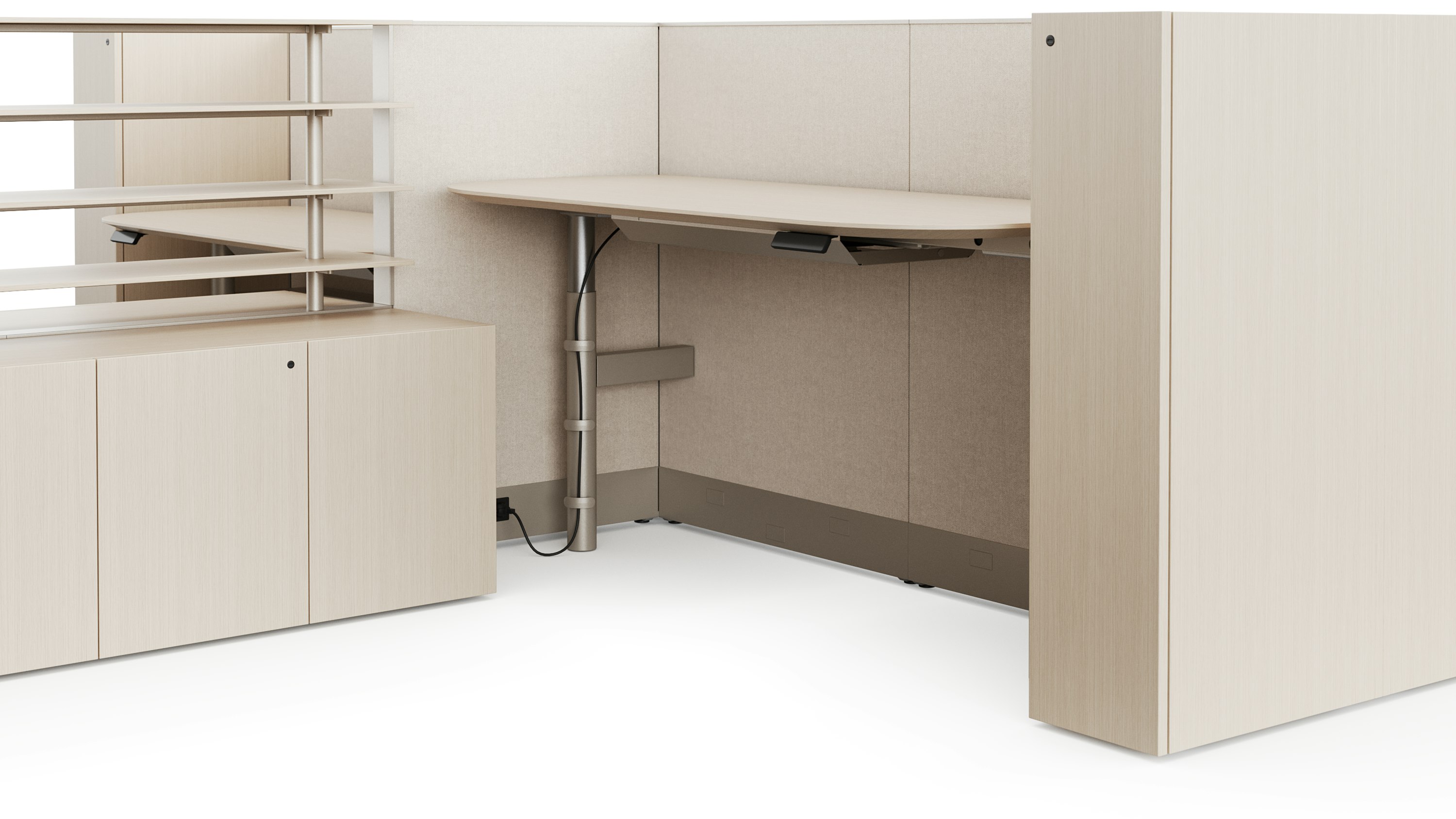 A white sweep rendering viewed from an angle of a light colored height adjustable table with floor standing panels surrounding two sides off of the table.