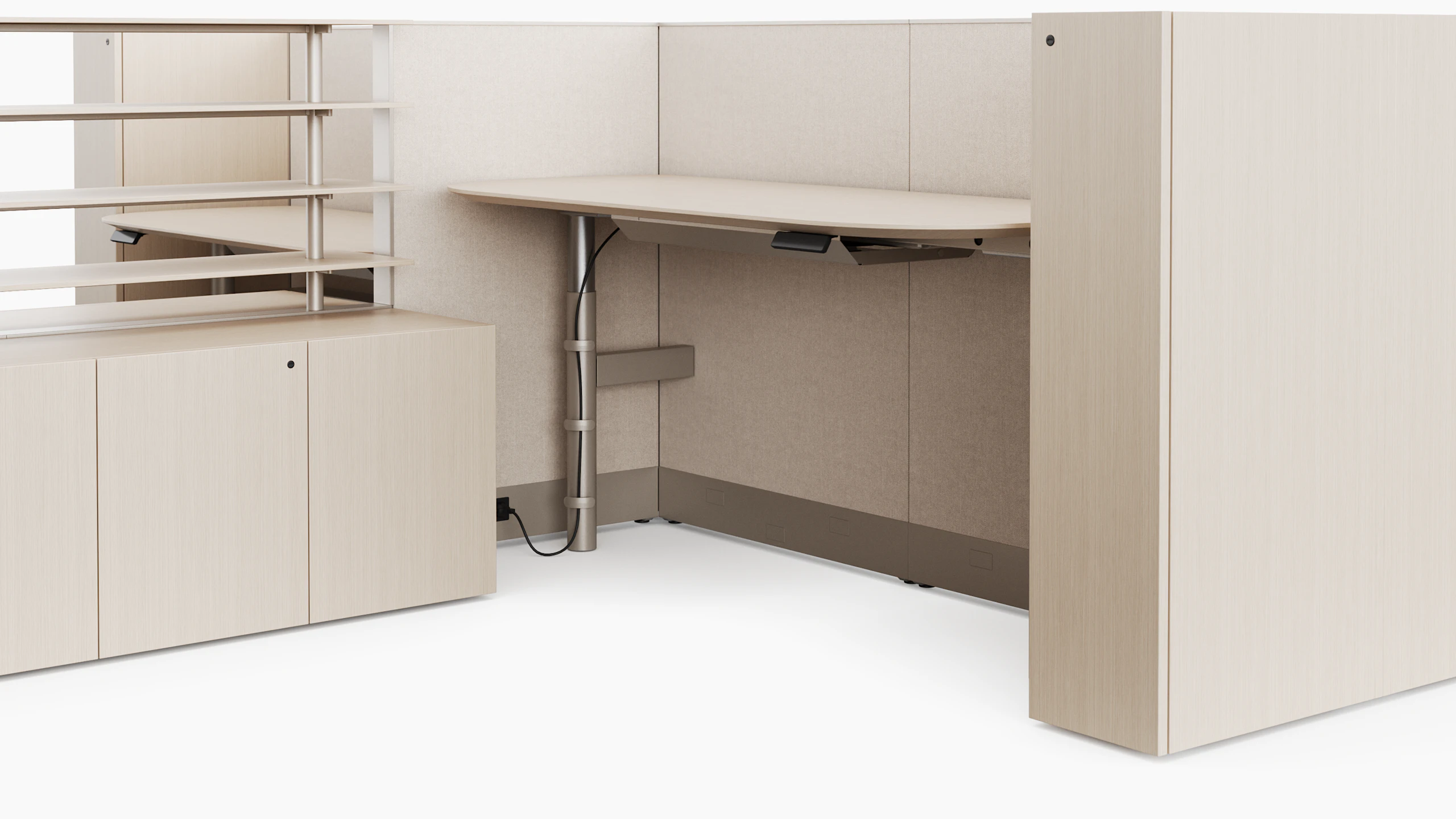 A white sweep rendering viewed from an angle of a light colored height adjustable table with floor standing panels surrounding two sides off of the table.