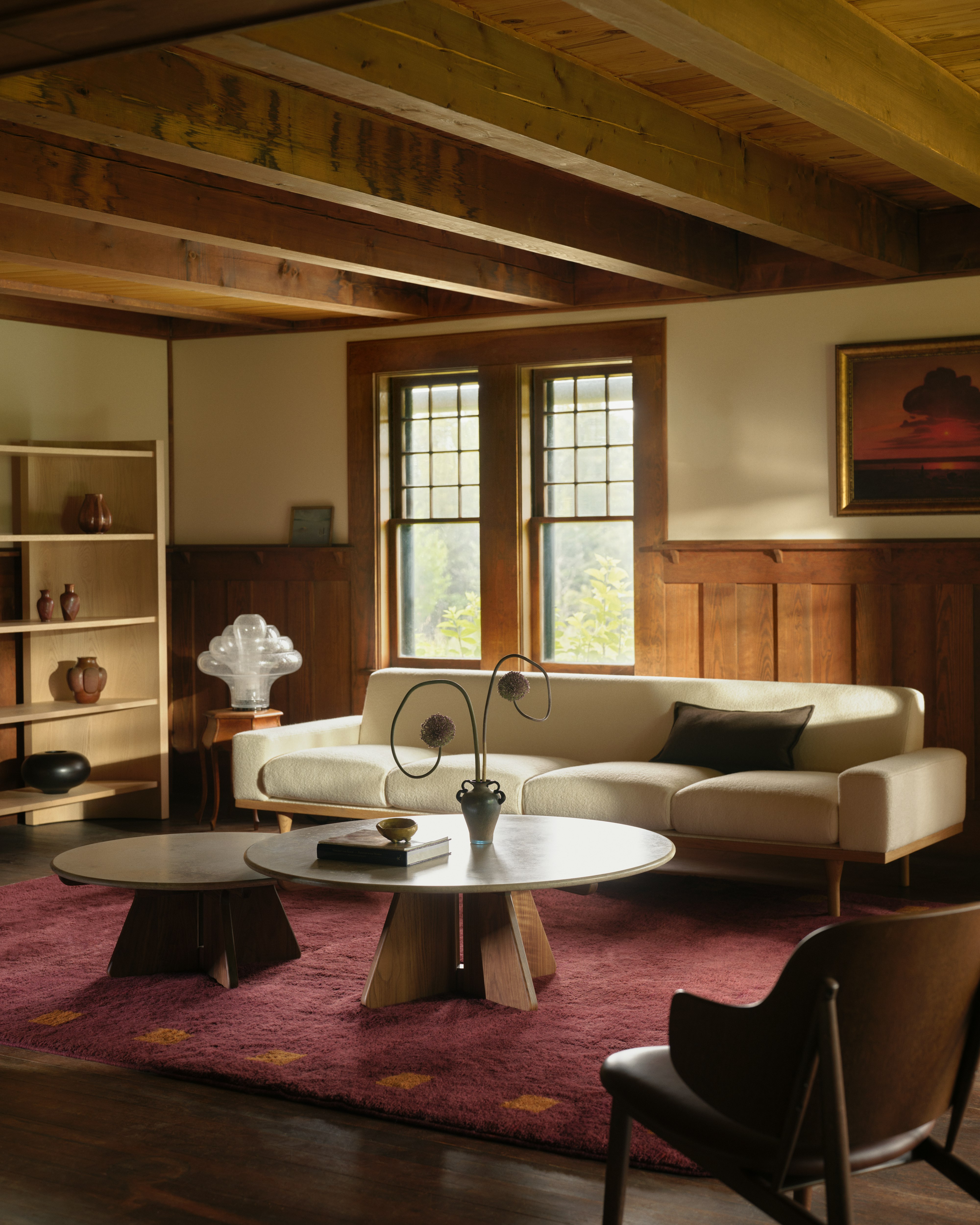 Rug under SW50 Sofa in Harp Ivory and Pinna Occasional Tables