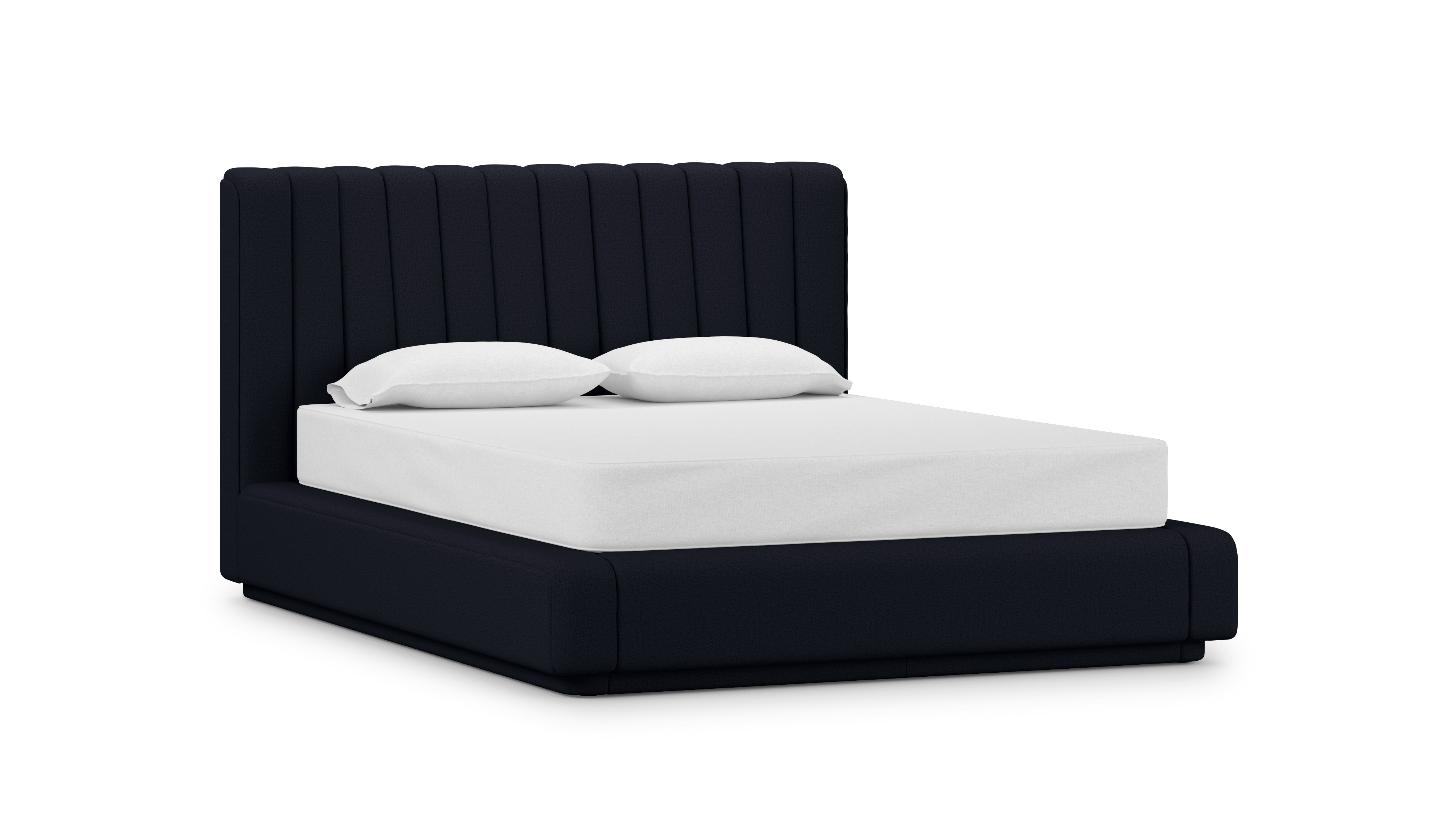 An Ostling Bed in Dark Navy viewed from an angle.