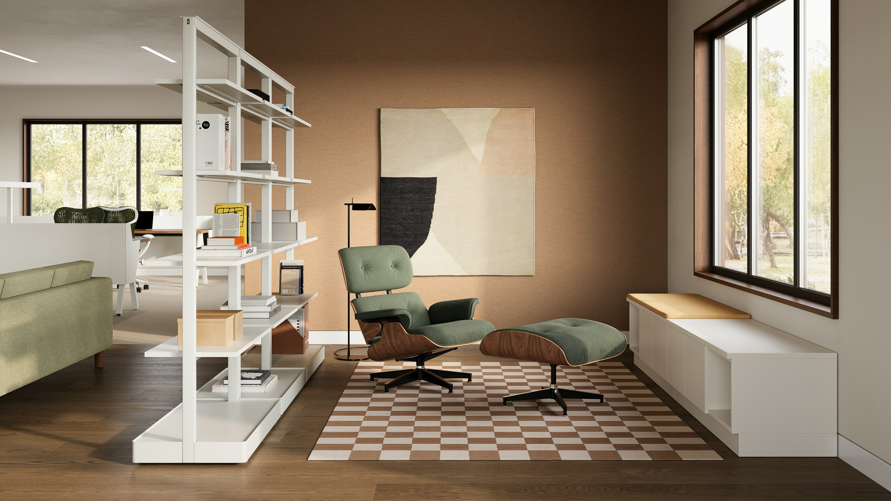 Eames Lounge Chair and Ottoman with light green upholstery and walnut frame with white OE1 Agile Walls in an office setting.