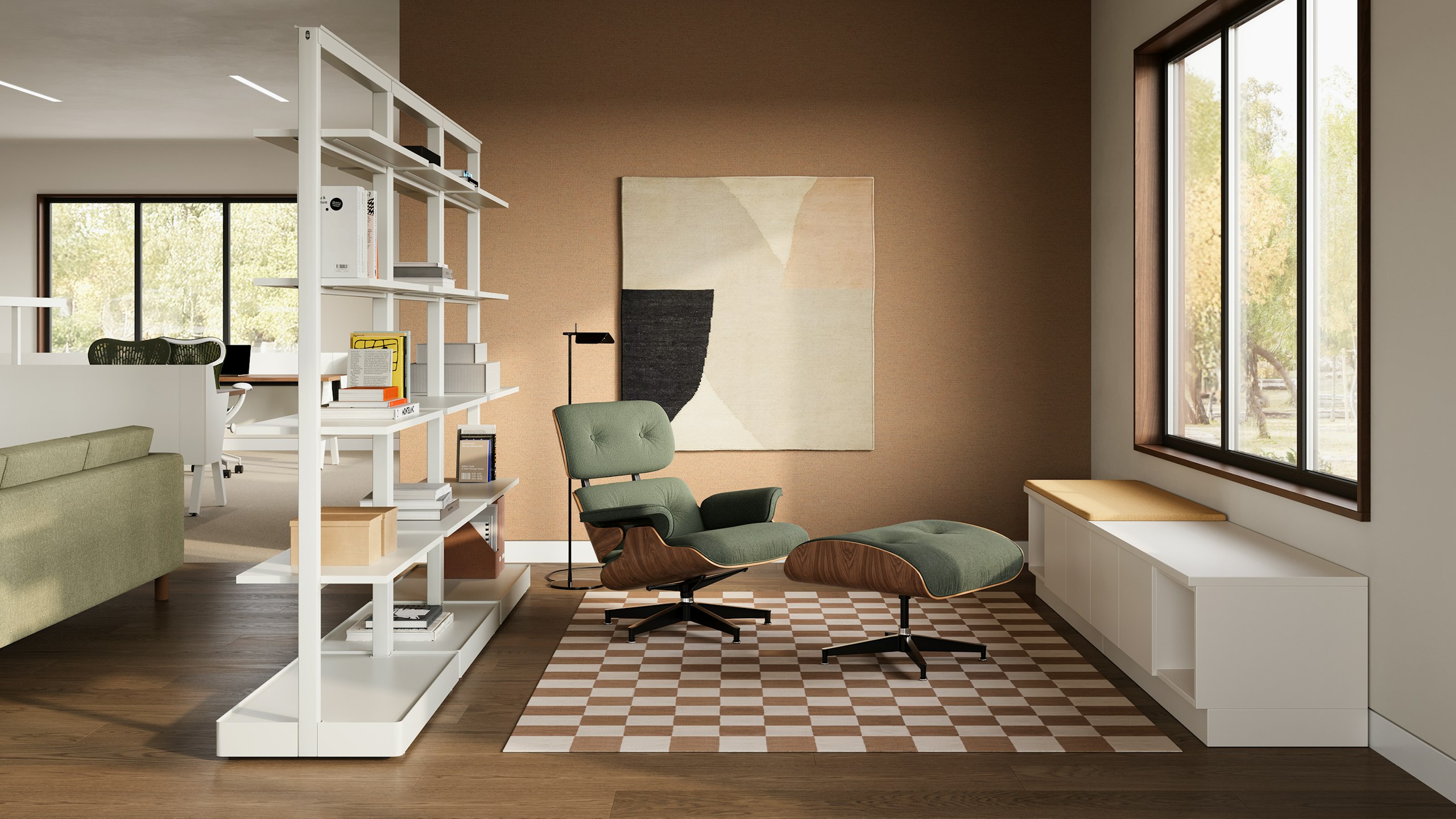 Eames Lounge Chair and Ottoman with light green upholstery and walnut frame with white OE1 Agile Walls in an office setting.