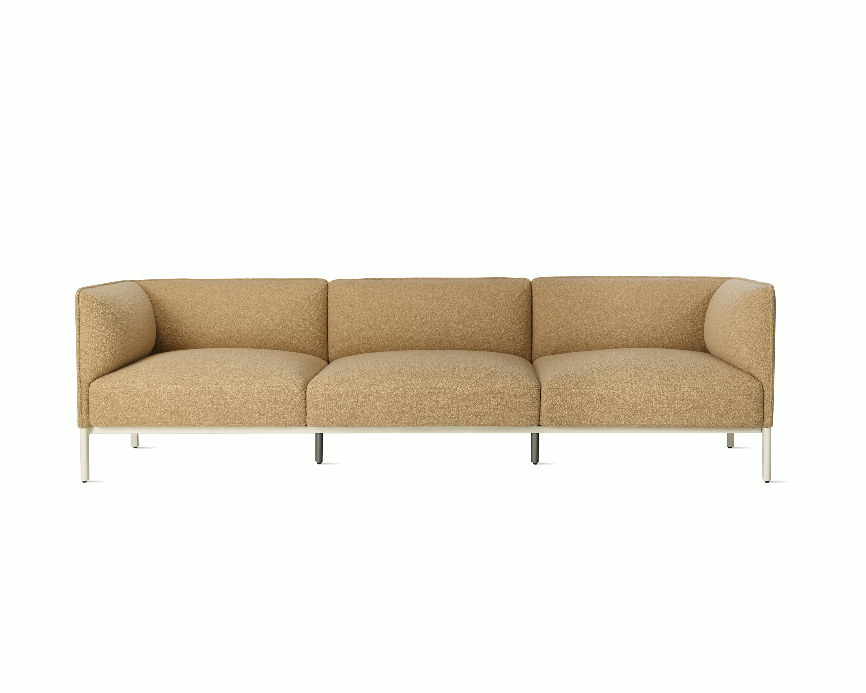 Front view Boucle Mimo 3 seat sofa on white background.