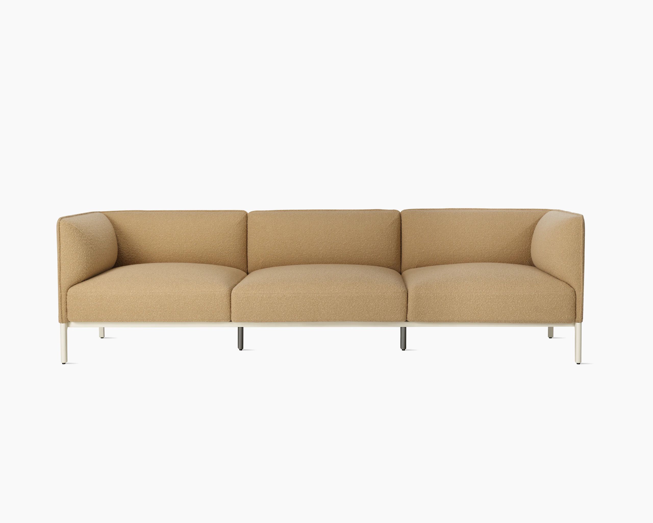 Front view Boucle Mimo 3 seat sofa on white background.