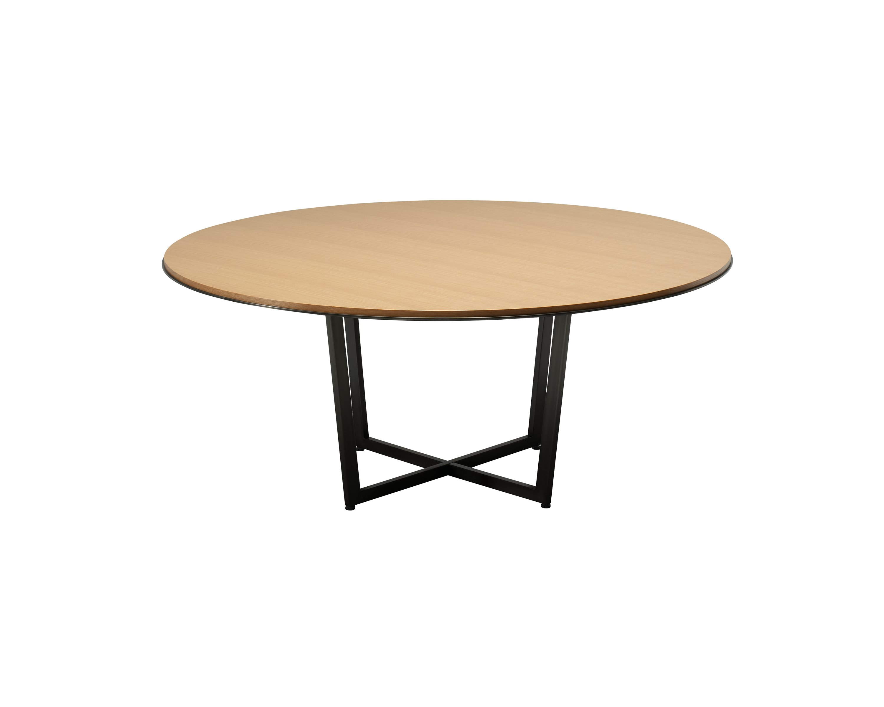Highline Meeting Table with round Plain Sliced Maple top, Black Powdercoat base, front view.