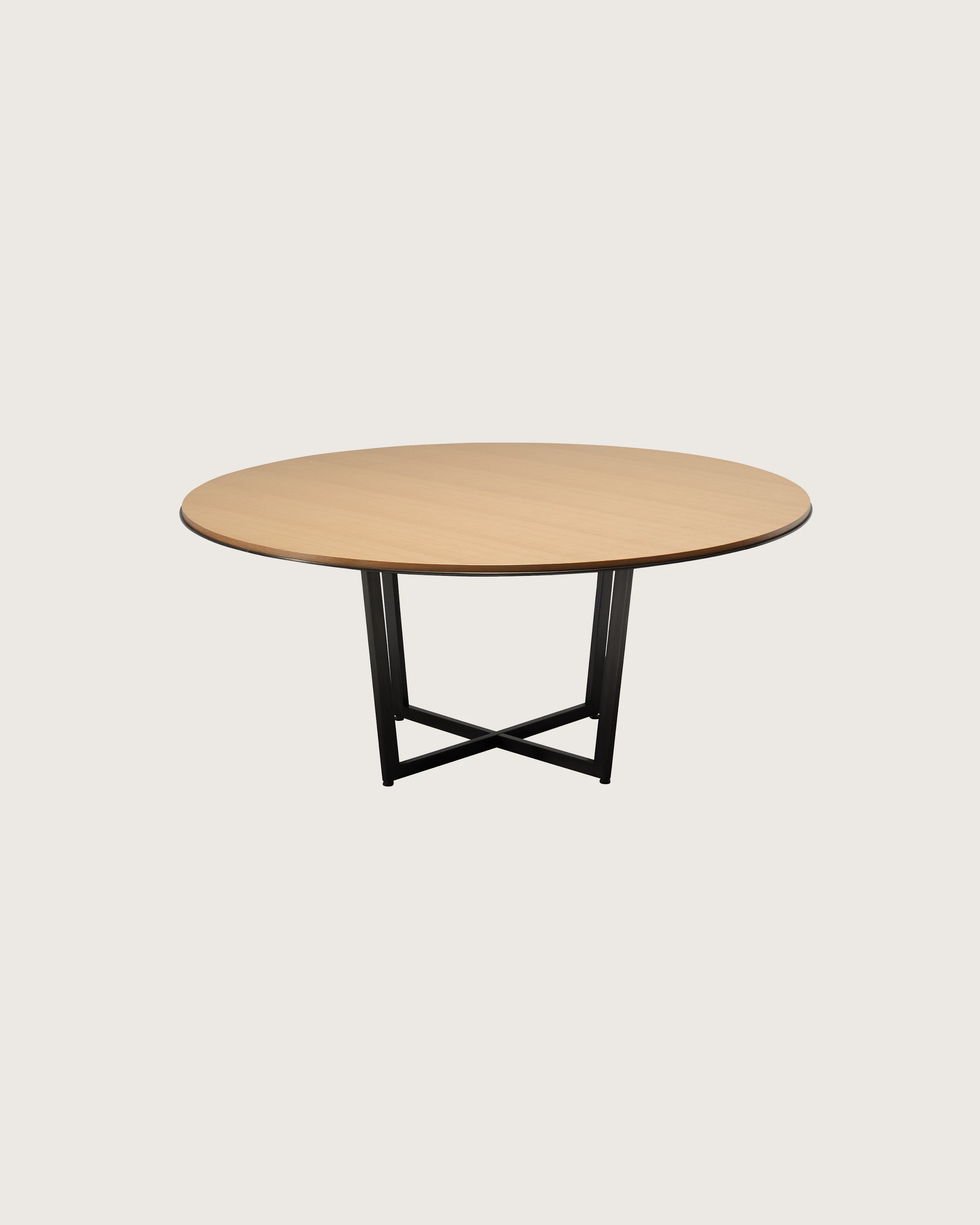Highline Meeting Table with round Plain Sliced Maple top, Black Powdercoat base, front view.