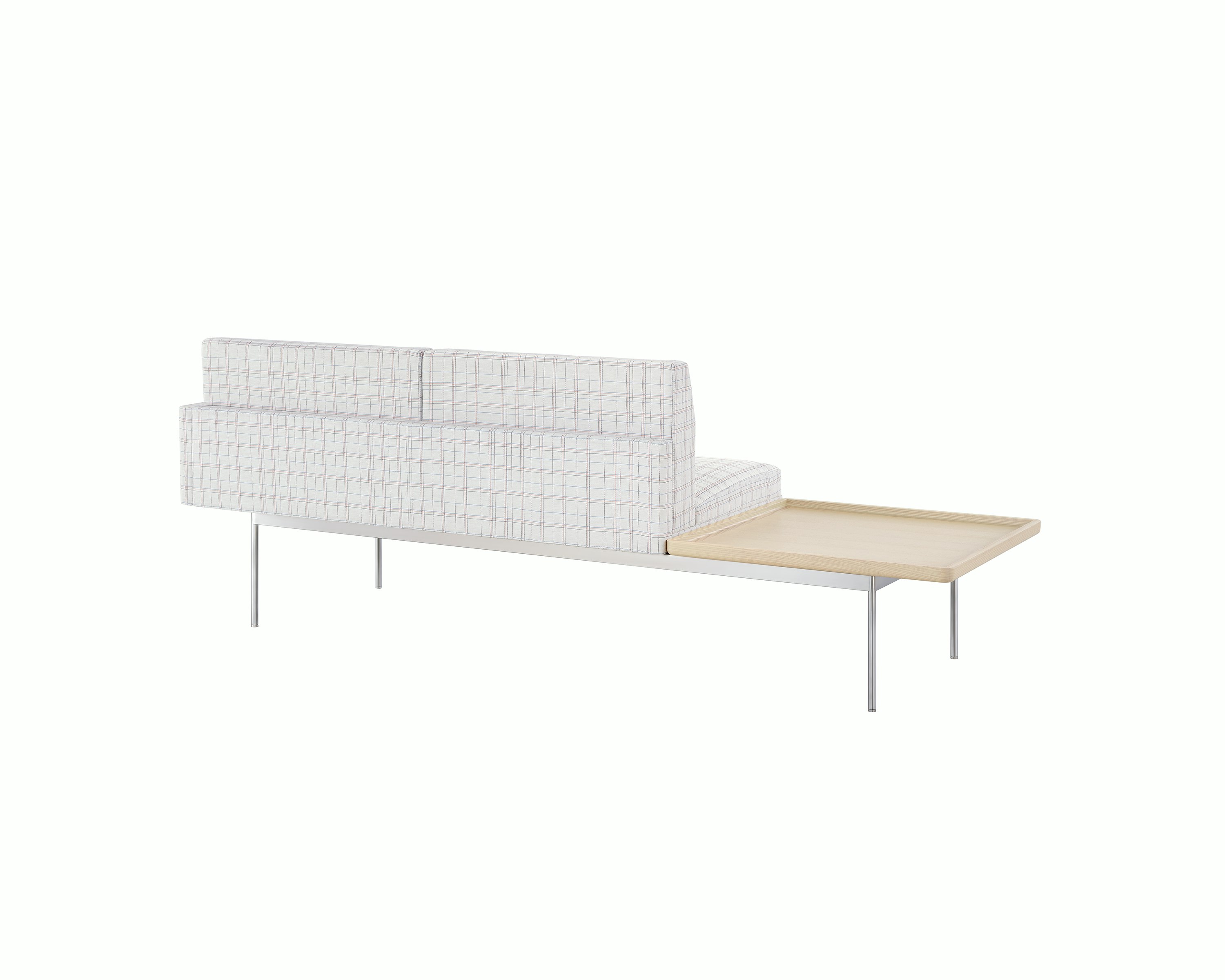 A non-quilted Tuxedo Component settee with plaid upholstery and an attached table, viewed at an angle from behind.