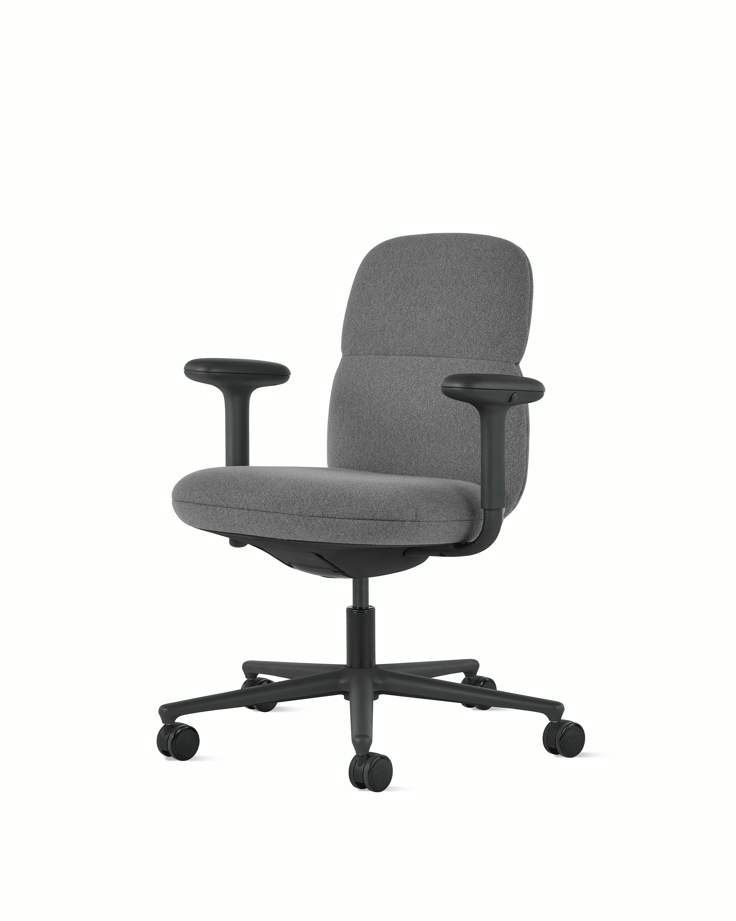 Front angle view of a mid-back Asari chair by Herman Miller in dark grey with height adjustable arms.