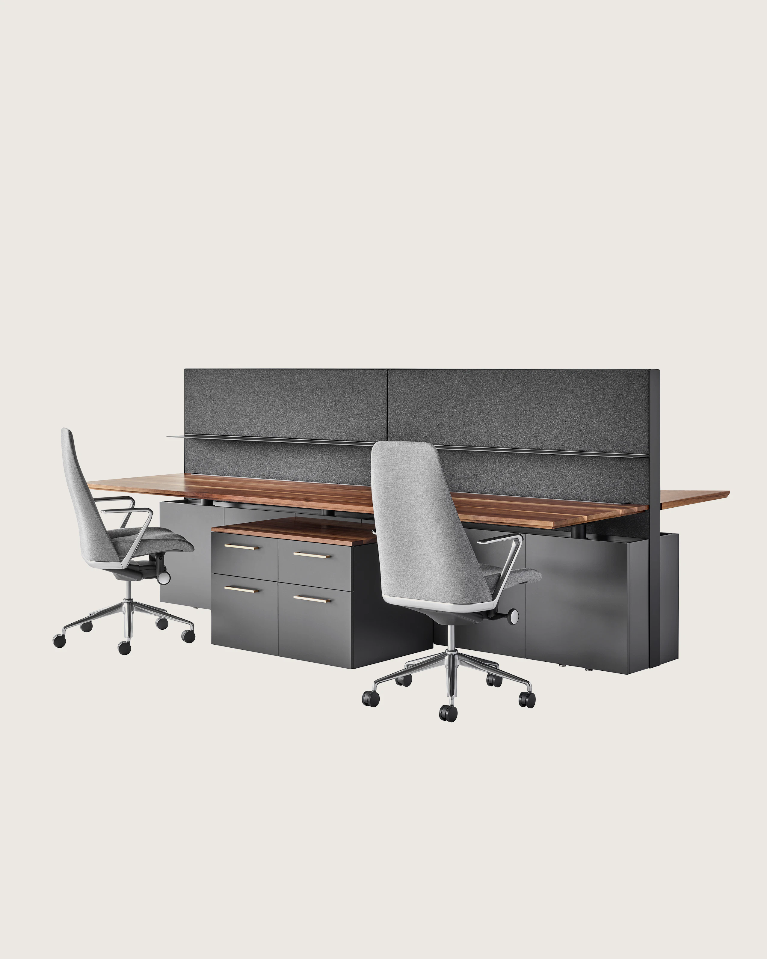 A four-pack bench system featuring Geiger One Casegoods and Taper Chairs.