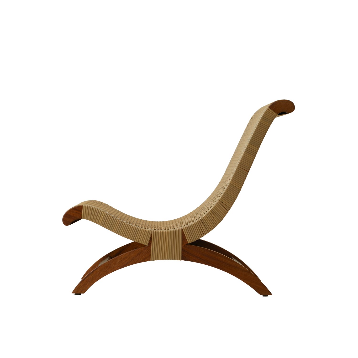 A Butaque Clasica Outdoor Lounge Chair in iroko all weather cane viewed from the side.